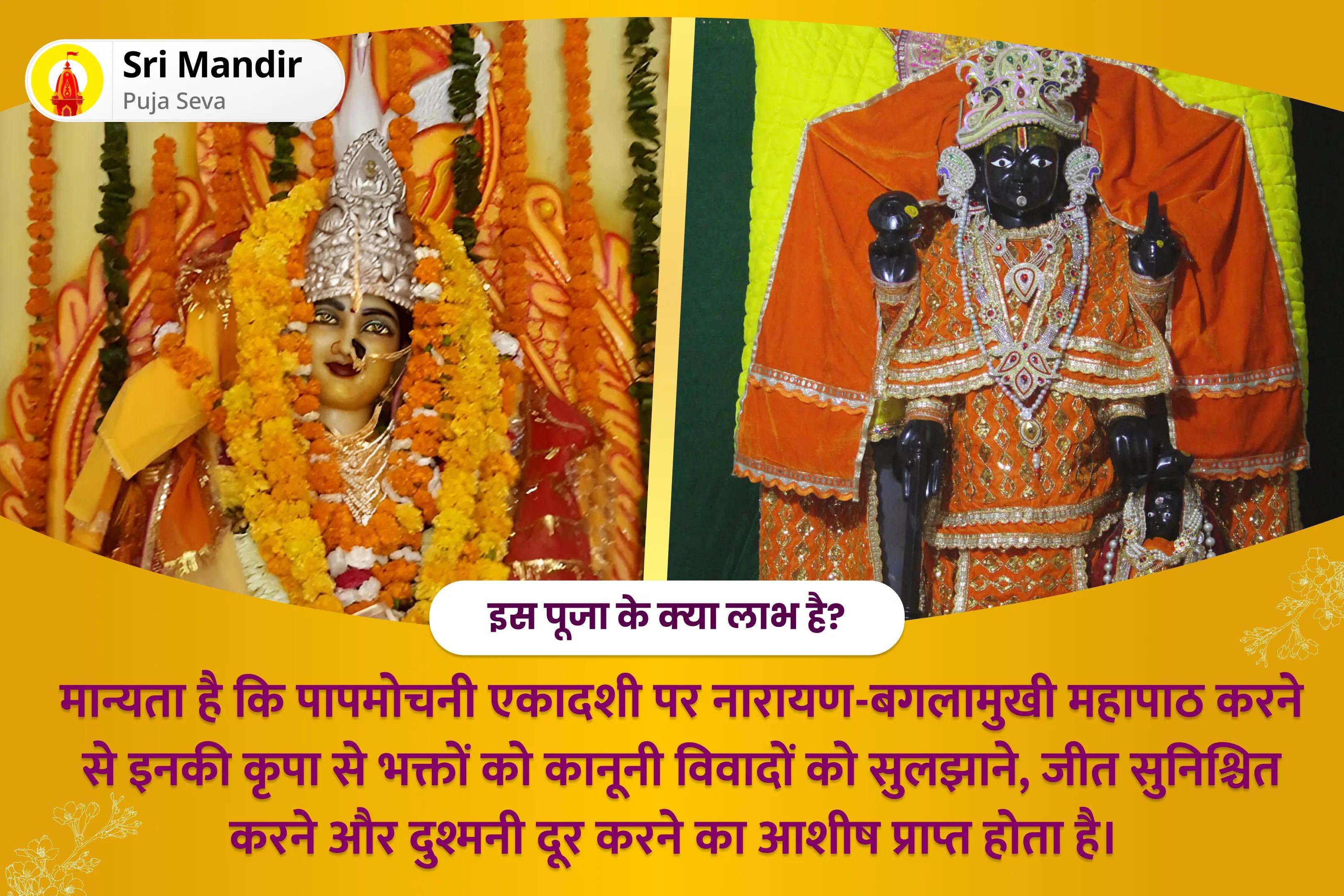 कानूनी विवादों को सुलझाने, जीत सुनिश्चित करने और दुश्मनी दूर करने के लिए  पापमोचनी एकादशी नारायण-बगलामुखी महापाठ संयुक्त यज्ञ 36,000 माँ बगलामुखी मंत्र जाप एवं नारायण सुदर्शन कवचम् यज्ञ