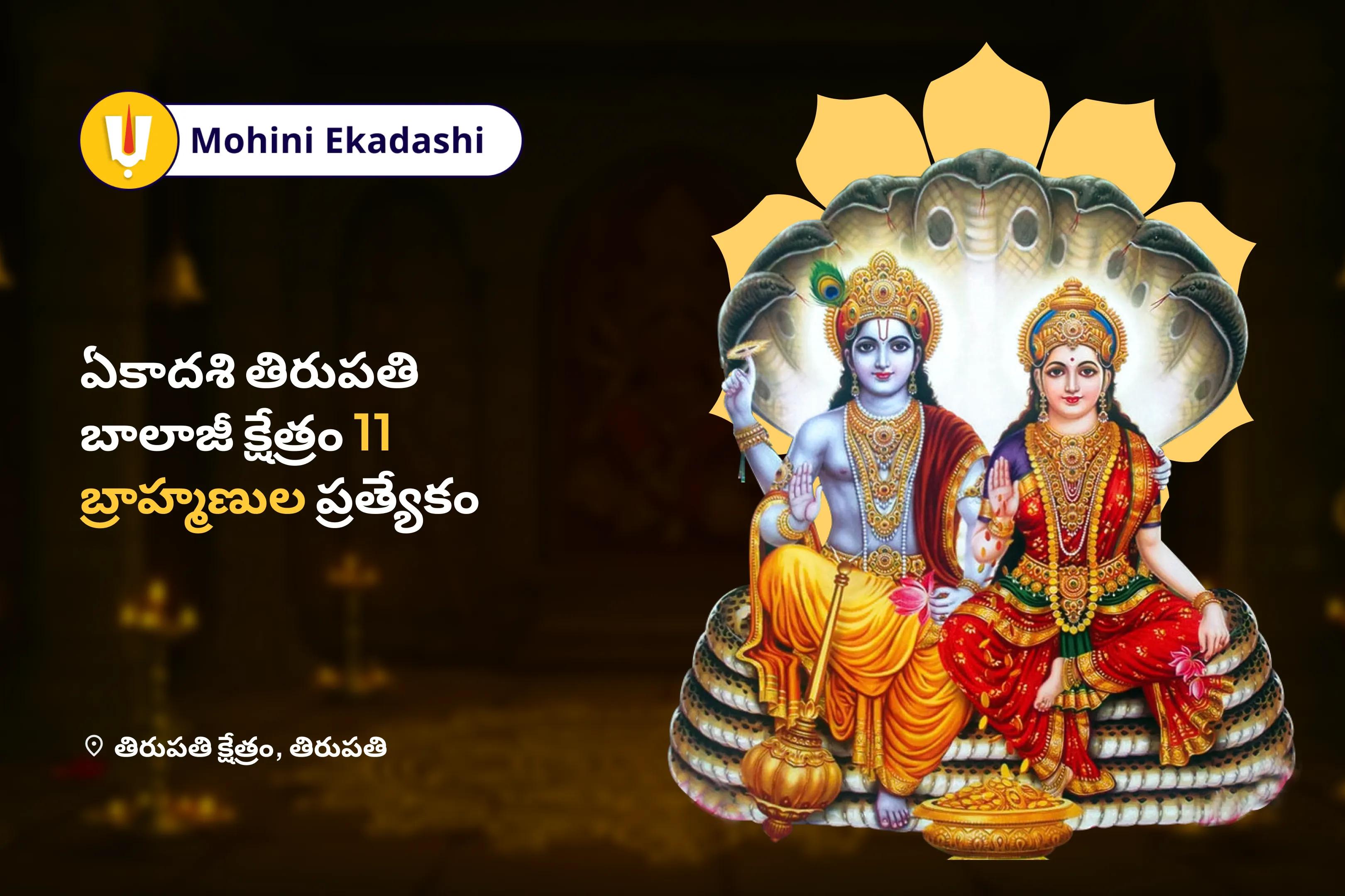 మోహిని ఏకాదశి వెంకటేశ్వర బాలాజీ క్షేత్రం 11 బ్రాహ్మణులు స్పెషల్ లక్ష్మీ - నారాయణ పూజ, శ్రీ సూక్త మార్గం మరియు విష్ణు మహాలక్ష్మి హోమం వ్యాపారం మరియు వృత్తిలో శ్రేయస్సు మరియు విజయం కోసం
