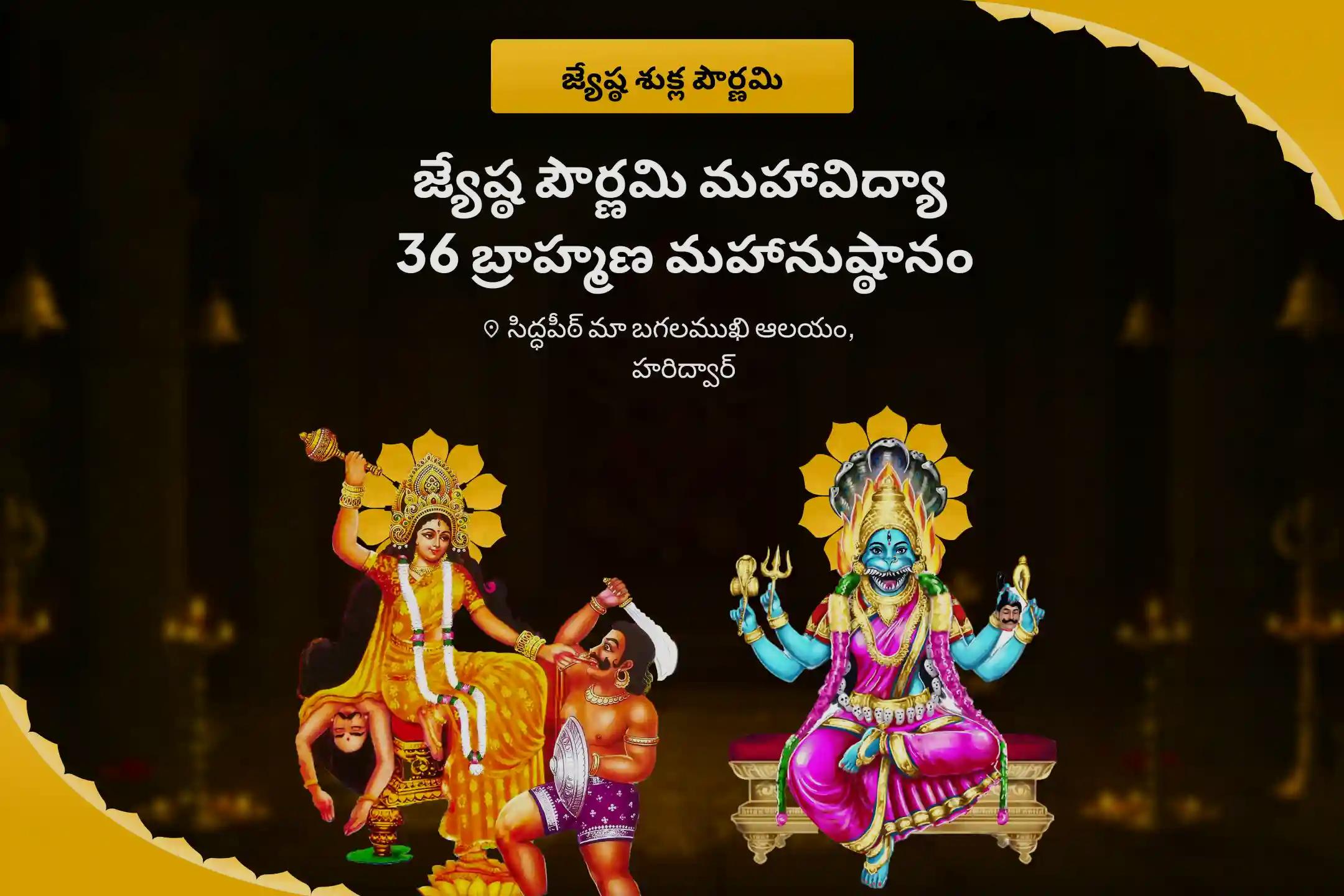 జ్యేష్ఠ పౌర్ణమి మహావిద్యా 36 బ్రాహ్మణ మహానుష్ఠానం 1,25,000 బగళాముఖీ మూల మంత్ర జపం, బగళాముఖీ-ప్రత్యంగిraa కవచ పారాయణం, మరియు హోమం దేవి రక్షణ కోసం, ప్రతికూల శక్తులు మరియు వాటి ప్రభావాలను దూరం చేయడానికి 