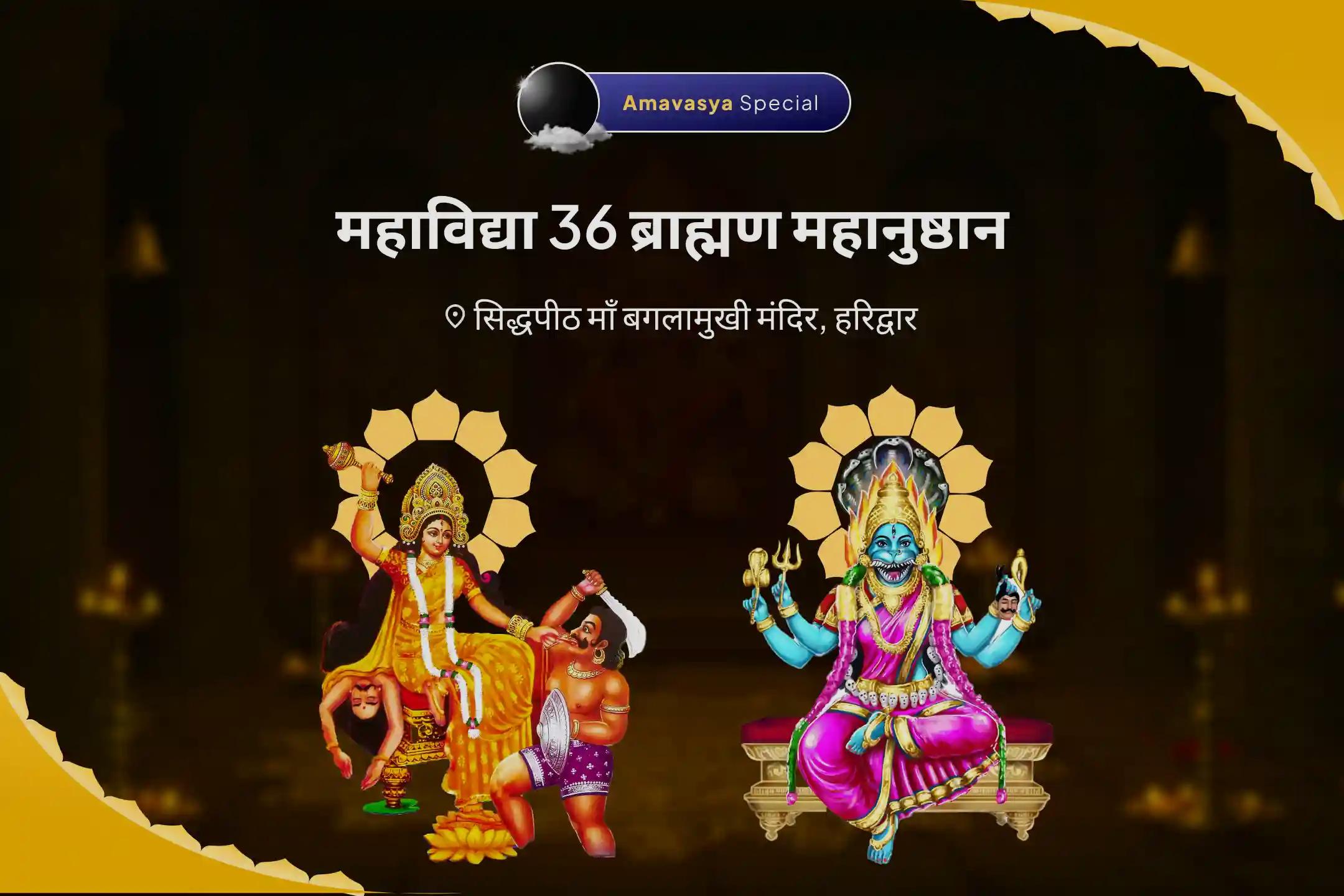  दुष्ट शक्तियों और नकारात्मक प्रभावों को दूर करने के लिए देवी की सुरक्षा प्राप्ति हेतु अमावस्या महाविद्या 36 ब्राह्मण महानुष्ठान बगलामुखी-प्रत्यंगिरा कवच पाठ, 1,25,000 बगलामुखी मूल मंत्र जाप और हवन 