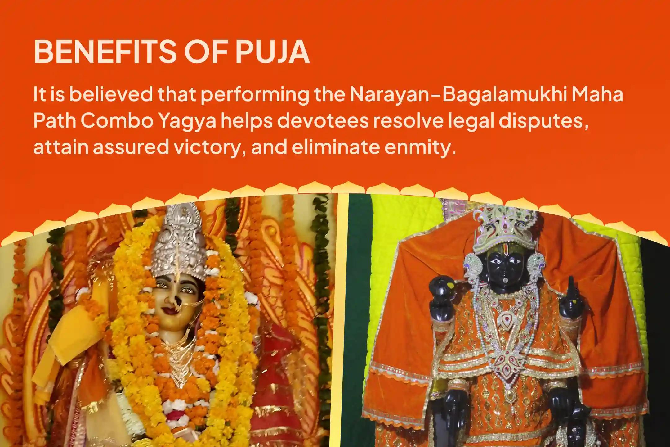 Narayana–Baglamukhi Maha Path Combo Yagya 36,000 Maa Baglamukhi Mantra Japa & Narayana Sudarshana Kavacham Yagya For resolving legal disputes, ensuring victory, and eliminating enmity