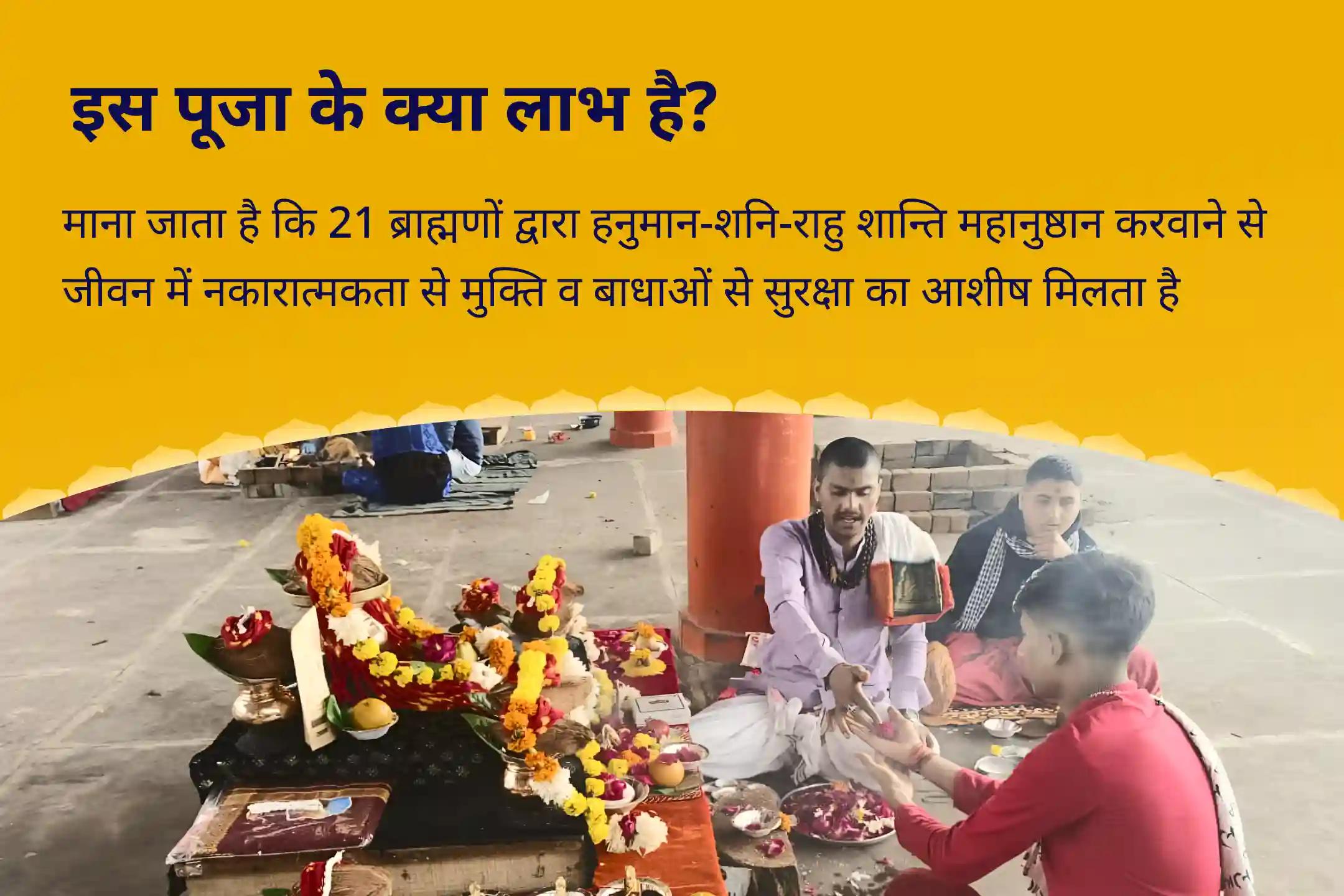 जीवन में नकारात्मकता को दूर करने और बाधाओं से सुरक्षा के लिए हनुमान-शनि-राहु शान्ति 21 ब्राह्मण महानुष्ठान 21,000 हनुमान गायत्री मंत्र जाप, 19,000 शनि मूल मंत्र जाप और 18,000 राहु मूल मंत्र जाप