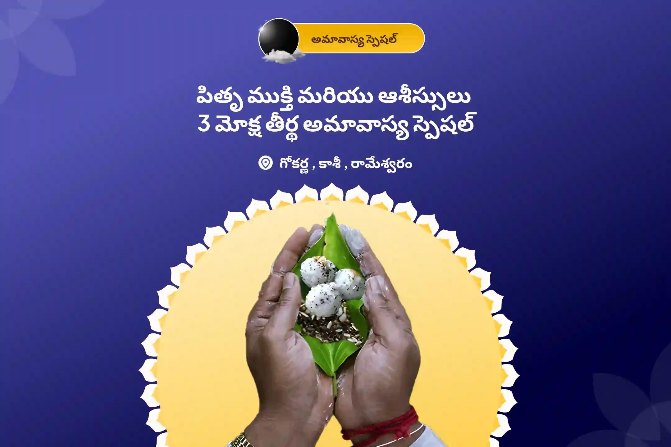 పూర్వీకుల శాపాన్ని తొలగించి, మరణించిన ఆత్మలకు శాంతిని చేకూర్చడానికి 3-తీర్థ 3 మోక్ష తీర్థ అమావాస్య స్పెషల్ గోకర్ణ-కాశీ-రామేశ్వరం పితృ శాంతి పూజ మరియు హోమంలో పాల్గొనండి.