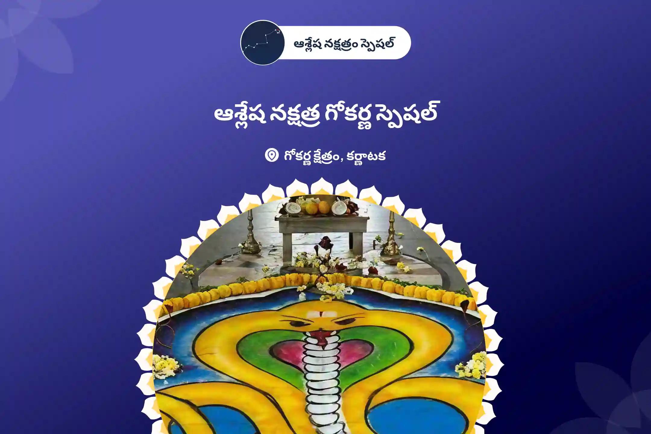 సర్ప (నాగ) దోషం యొక్క దుష్ప్రభావాలను తొలగించి, కర్మ పాపాలను ప్రక్షాళన చేసుకోవడం కొరకు ఆశ్లేష నక్షత్ర గోకర్ణ స్పెషల్ ఆశ్లేష నాగబలి పూజలో పాల్గొనండి.