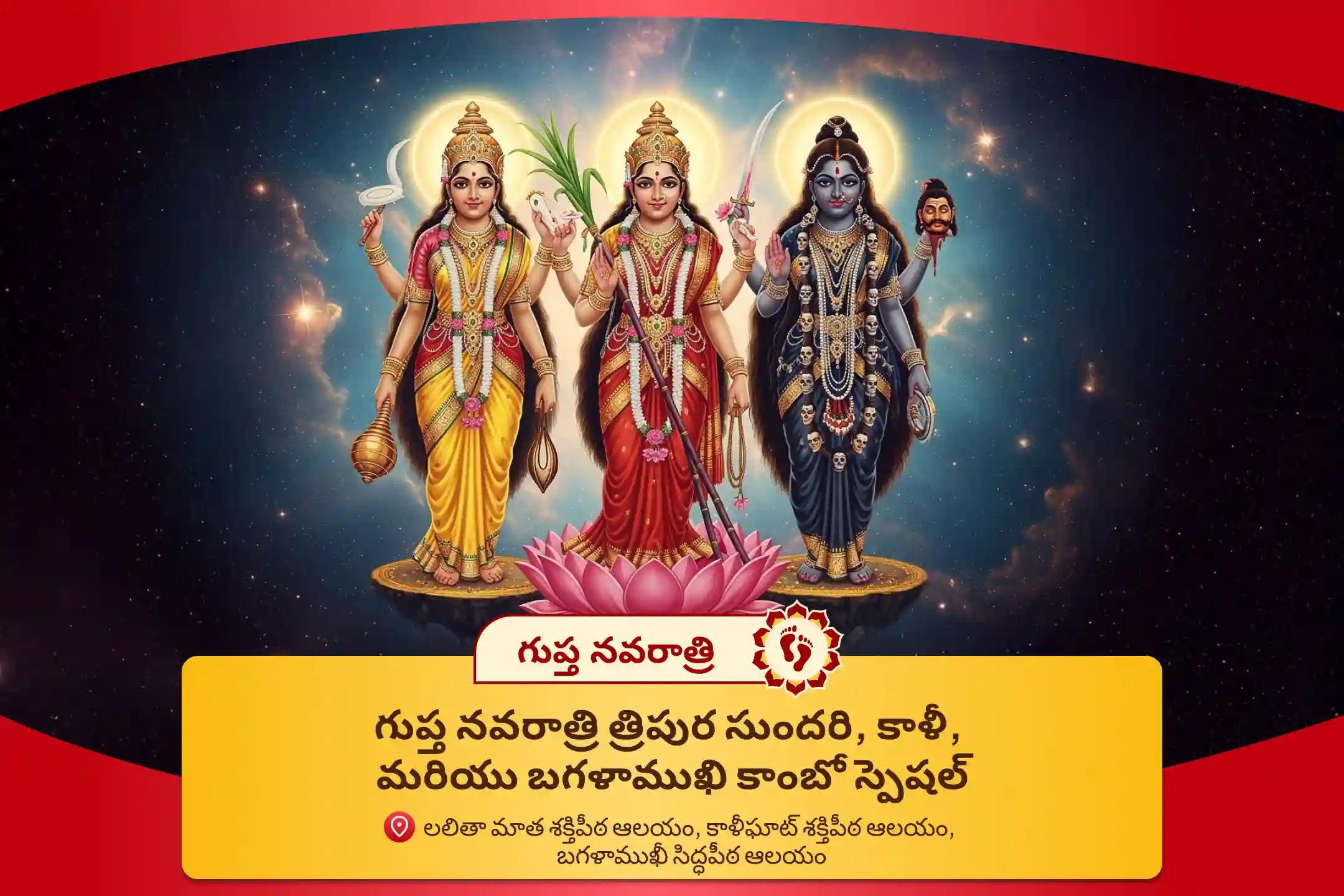 గుప్త నవరాత్రి త్రిపుర సుందరి, కాళీ, మరియు బగళాముఖీ కాంబో స్పెషల్ త్రిపుర సుందరి అభిషేకం, కాళీ మాత పూజ మరియు బగళాముఖీ శత్రు సంహార హోమం న్యాయ సంబంధిత పోరాటాలను మరియు కష్టాలను అధిగమించడానికి