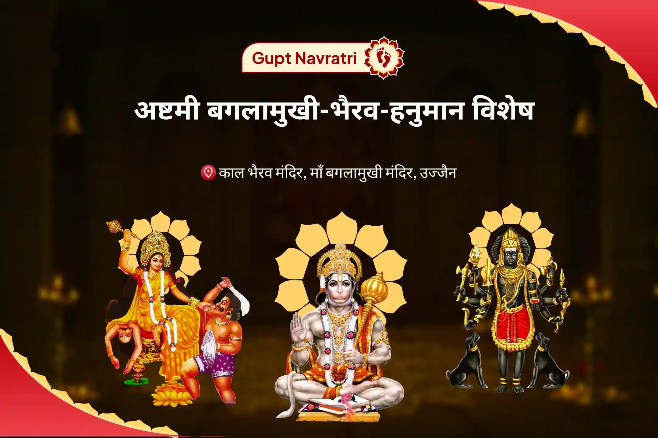 शत्रुओं से सुरक्षा, नकारात्मकता के नाश और जीवन में बाधाओं को दूर करने के लिए गुप्त नवरात्रि अष्टमी बगलामुखी-भैरव-हनुमान विशेष माँ बगलामुखी, काल भैरव और संकट मोचन हनुमान सर्व कष्ट निवारण पूजा और यज्ञ