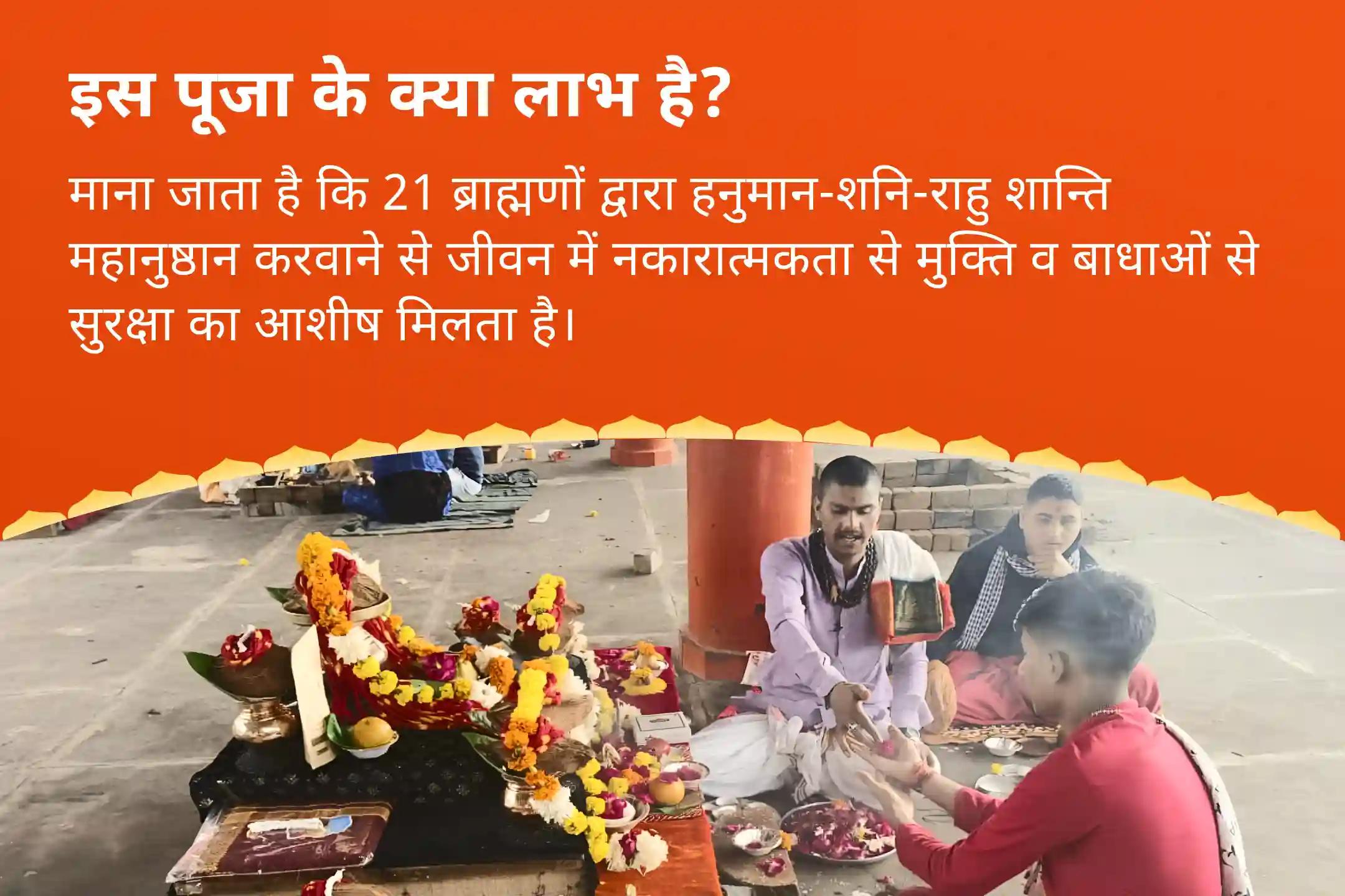 जीवन में नकारात्मकता को दूर करने और बाधाओं से सुरक्षा के लिए हनुमान-शनि-राहु शान्ति 21 ब्राह्मण महानुष्ठान 21,000 हनुमान गायत्री मंत्र जाप, 19,000 शनि मूल मंत्र जाप और 18,000 राहु मूल मंत्र जाप