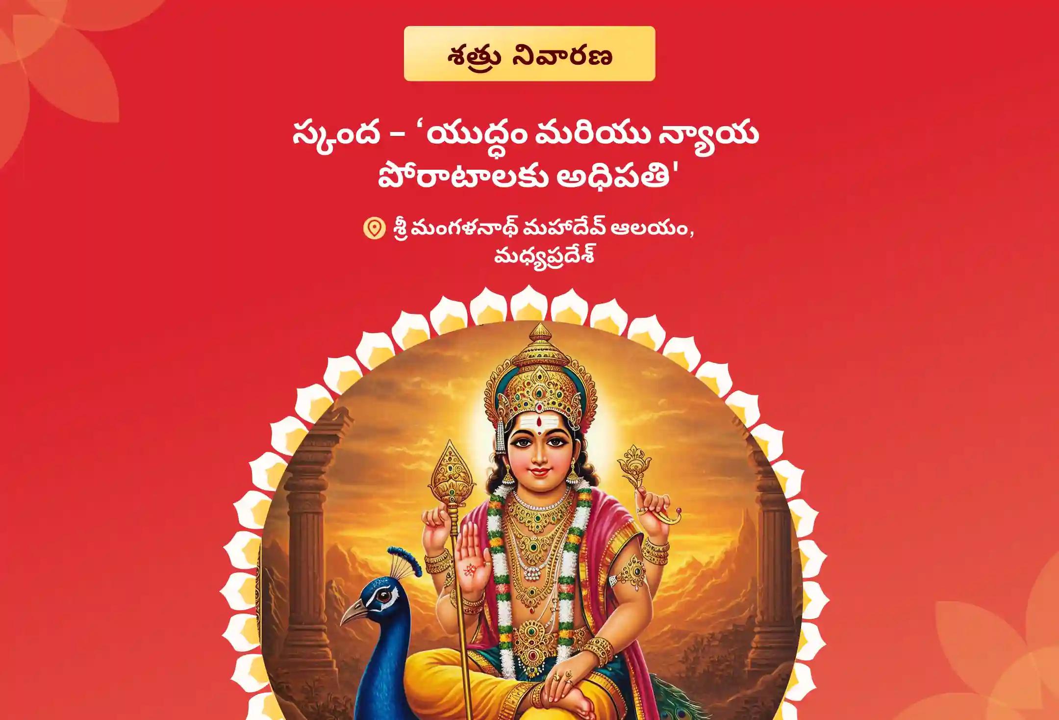 జీవితంలో శత్రువులపై మరియు న్యాయ పోరాటాలలో గెలుపు సాధించడానికి యుద్ధం మరియు న్యాయ పోరాటాలకు అధిపతి అయిన శ్రీ సుబ్రమణ్య స్వామికి  చేసే శత్రు సంహార త్రిశతి హోమంలో పాల్గొని ఆశీస్సులు పొందండి.