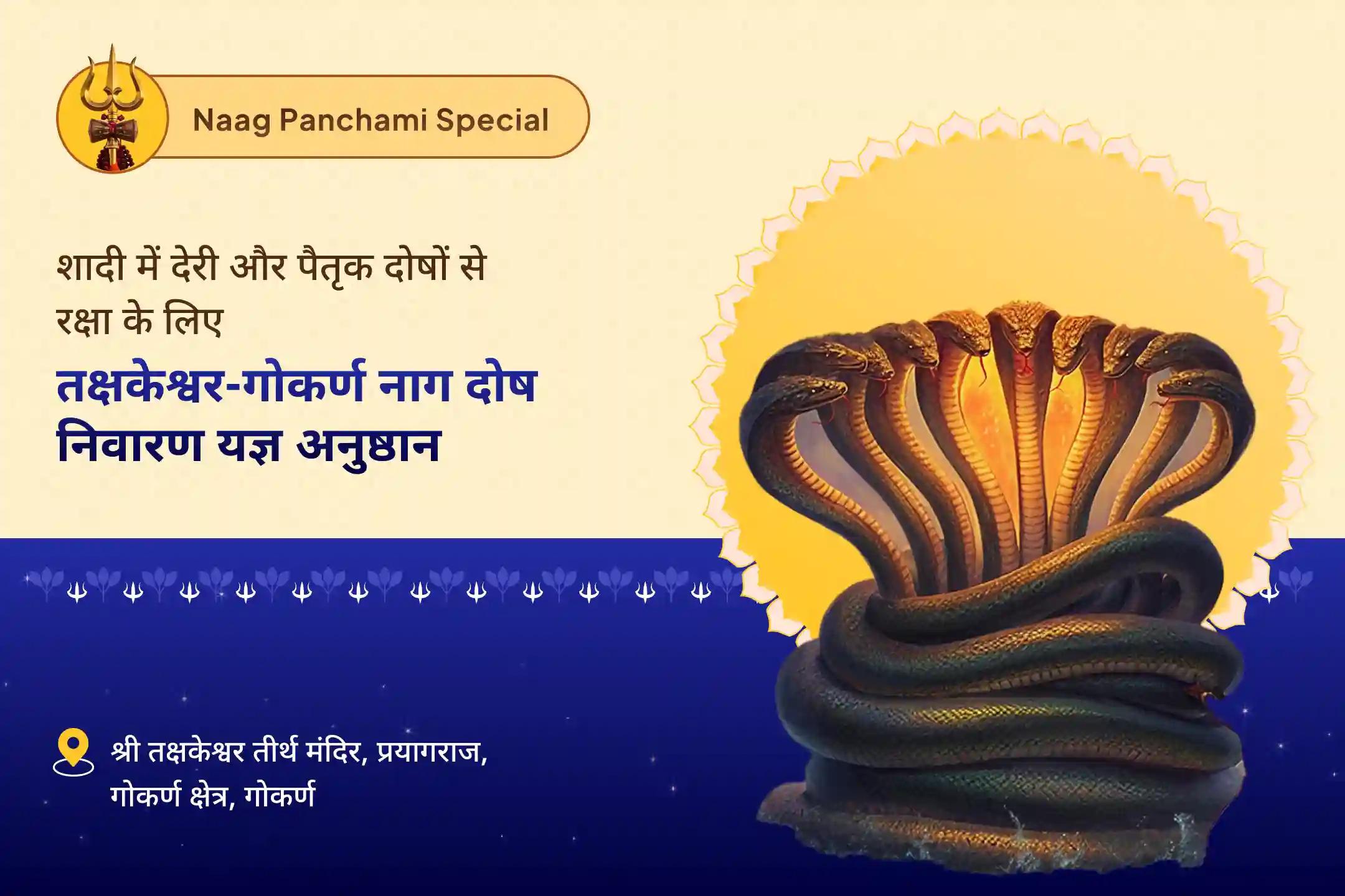 पैतृक सर्प कर्म और वंश-परंपरा में बाधाओं से पीड़ित लोगों के लिए विवाह में देरी, संतान समस्याओं और पैतृक बाधाओं के लिए नाग पंचमी विशेष तक्षकेश्वर-गोकर्ण नाग दोष निवारण यज्ञ-पंचमी प्रार्थना विशेष