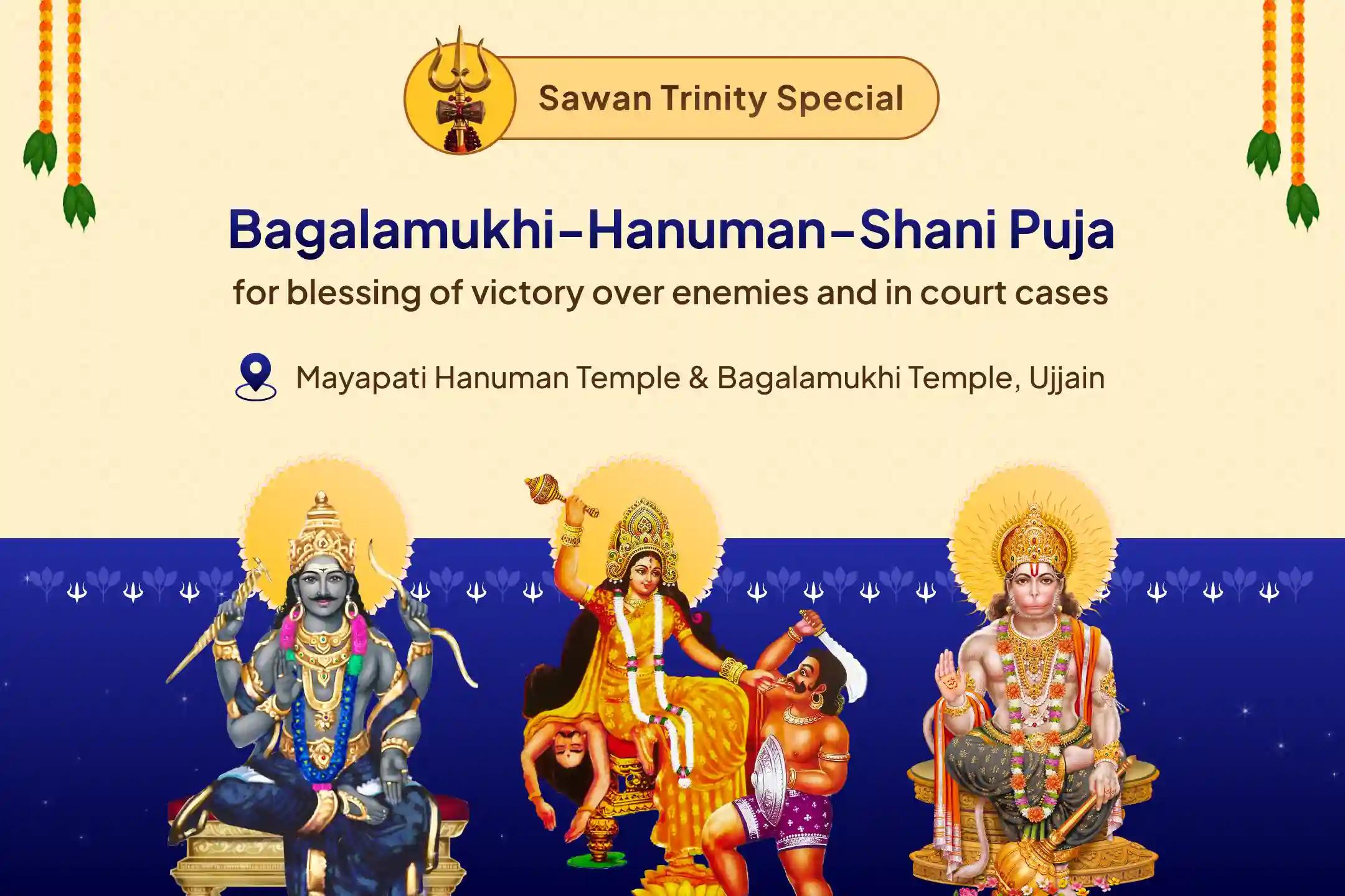 Bagalmukhi-Shani-Hanuman Combo Special 1008 Hanuman Sankat Mochan Path, Shani Til Tel Abhishek and Maa Bagalamukhi Tantra Yukta Havan to get Blessing for Victory over Enemies and in Court Cases