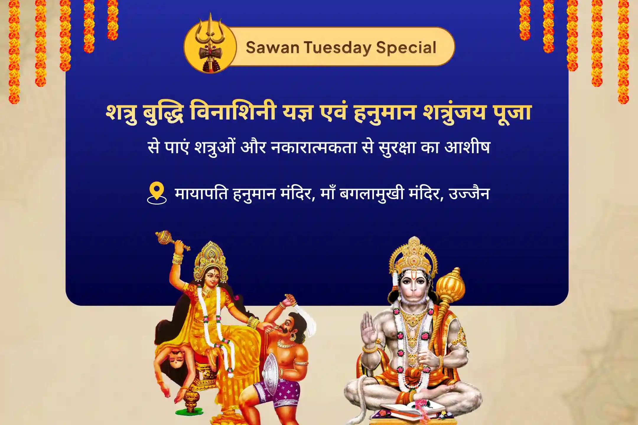 शत्रुओं से सुरक्षा और नकारात्मकता को नष्ट करने के लिए सावन आखिरी मंगलवार बगलामुखी-हनुमान शत्रु विजय विशेष माँ बगलामुखी शत्रु बुद्धि विनाशिनी यज्ञ एवं हनुमान शत्रुंजय पूजन