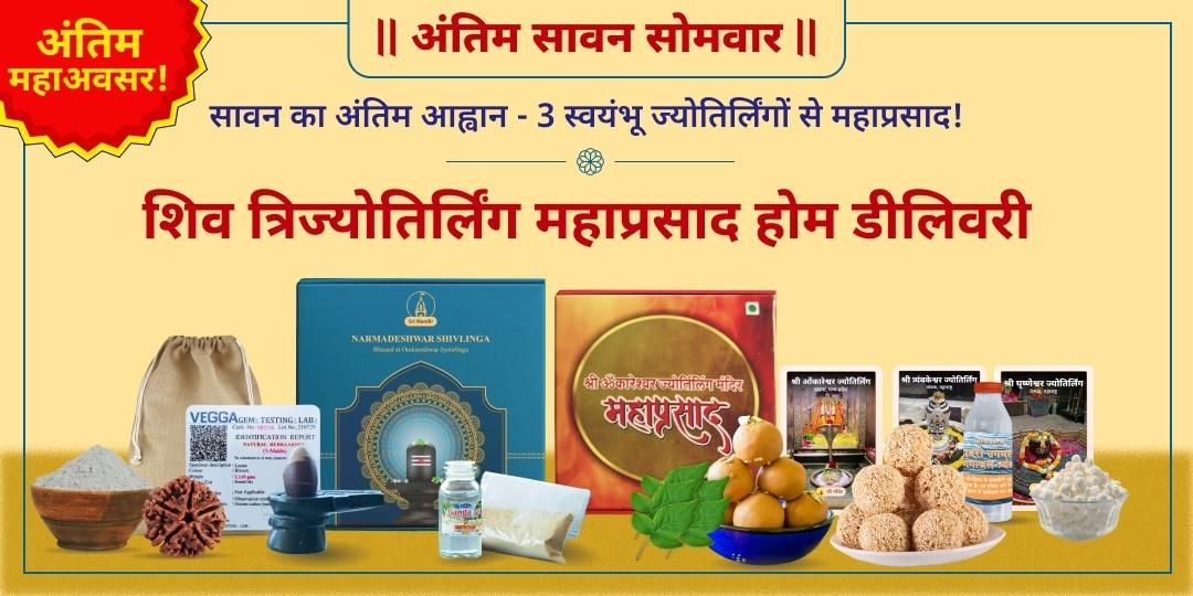 सावन में 3 ज्योतिर्लिंगों से अभिमंत्रित महाप्रसाद घर लाने का आखिरी मौक़ा! आज ही रुद्राक्ष, नर्मदेश्वर शिवलिंग एवं महाप्रसाद मंगवाएं - घर में साक्षात शिव का वास करें!