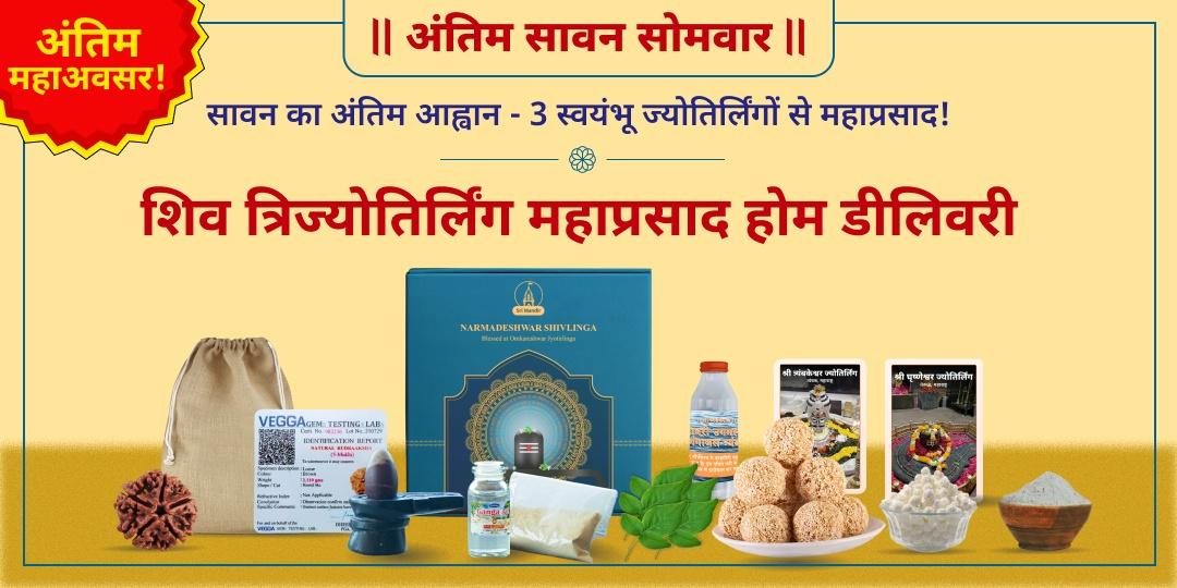 सावन में 3 ज्योतिर्लिंगों से अभिमंत्रित महाप्रसाद घर लाने का आखिरी मौक़ा! आज ही रुद्राक्ष, नर्मदेश्वर शिवलिंग एवं महाप्रसाद मंगवाएं - घर में साक्षात शिव का वास करें!