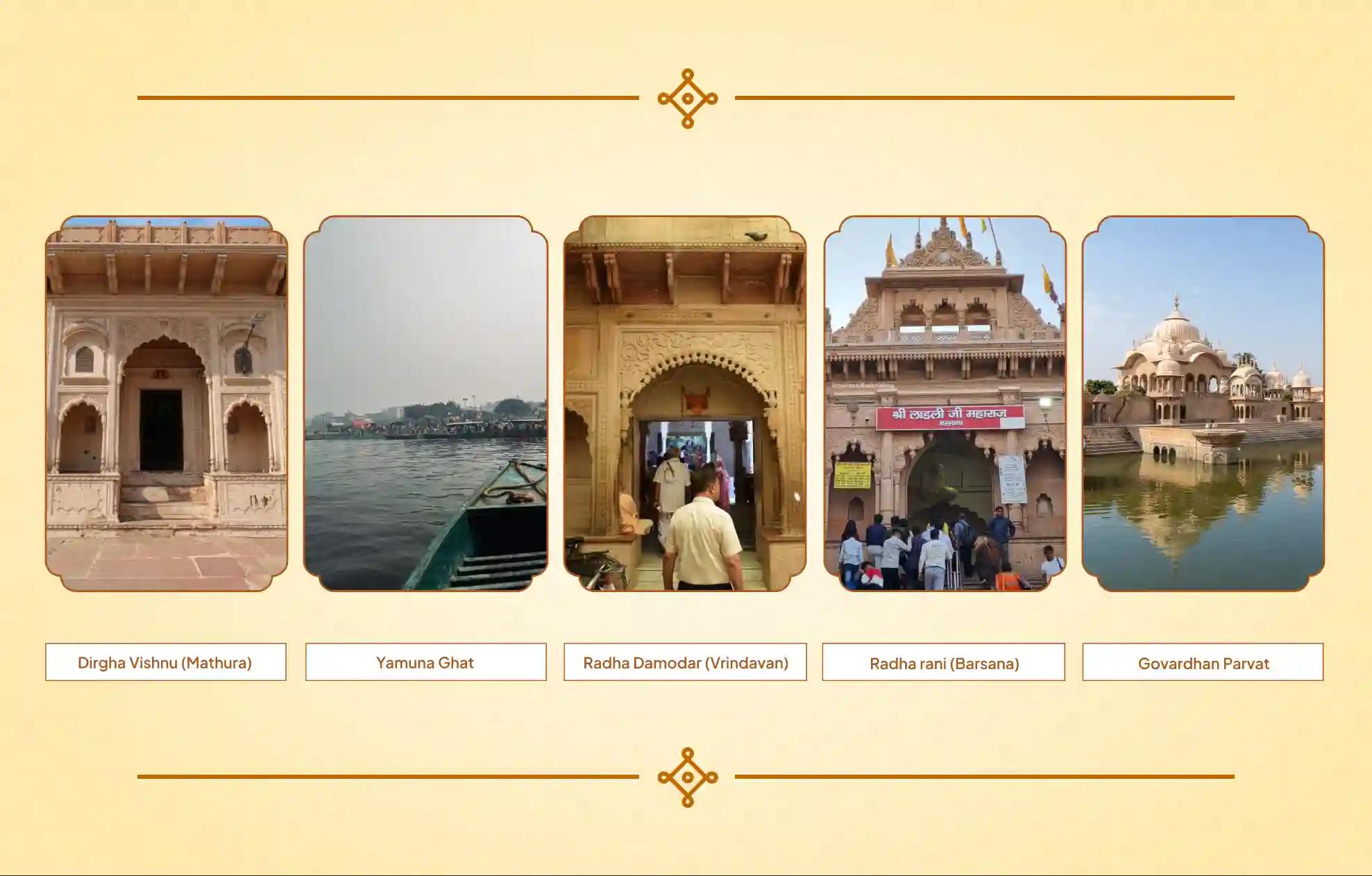 दीर्घ विष्णु, यमुना घाट, राधा दामोदर मंदिर, कुरुक्षेत्र गीता स्थली, गोवर्धन पर्वत , उत्तर प्रदेश और हरियाणा 