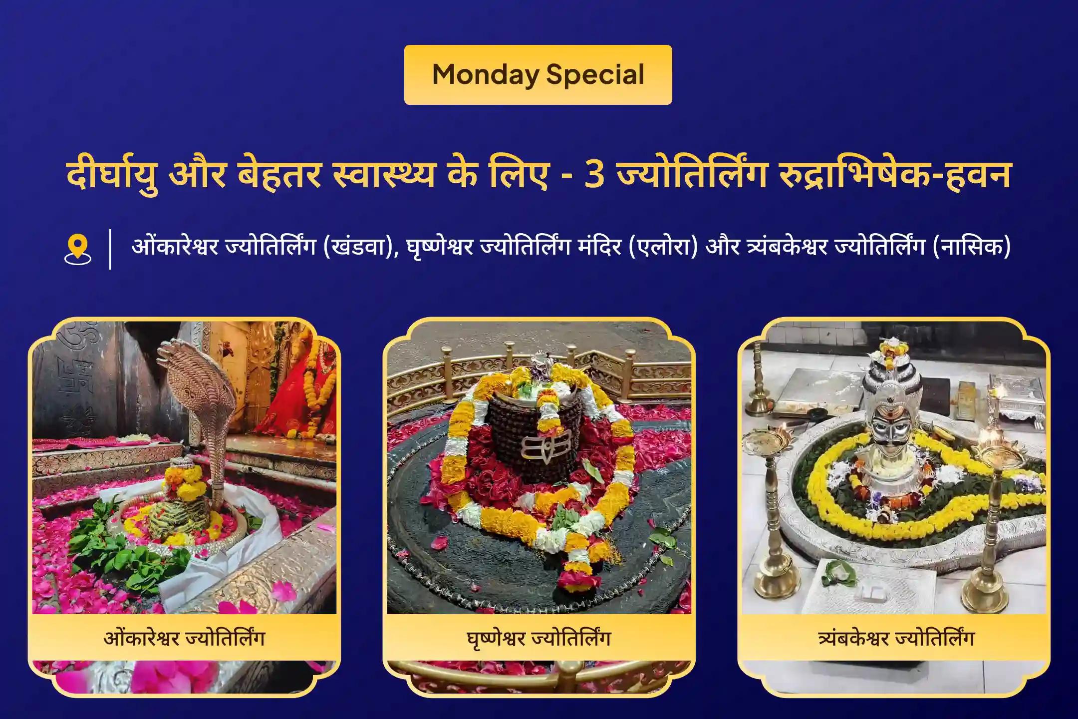 दीर्घायु और बेहतर स्वास्थ्य के लिए आशीर्वाद 3 ज्योतिर्लिंग संयुक्त विशेष 3 - ज्योतिर्लिंग - त्र्यंबकेश्वर, ओंकारेश्वर और घृष्णेश्वर रुद्राभिषेक और रुद्र हवन
