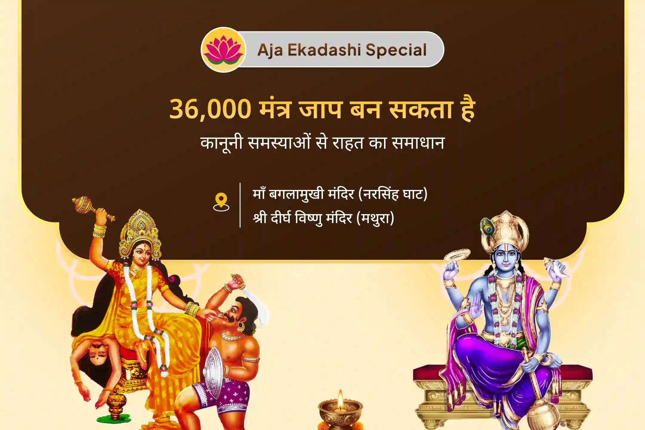 कानूनी लड़ाइयों को सुलझाने, जीत सुनिश्चित करने और दुश्मनी दूर करने के लिए अजा एकादशी बगलामुखी विशेष 36,000 माँ बगलामुखी मंत्र जाप और नारायण सुदर्शन कवच हवन