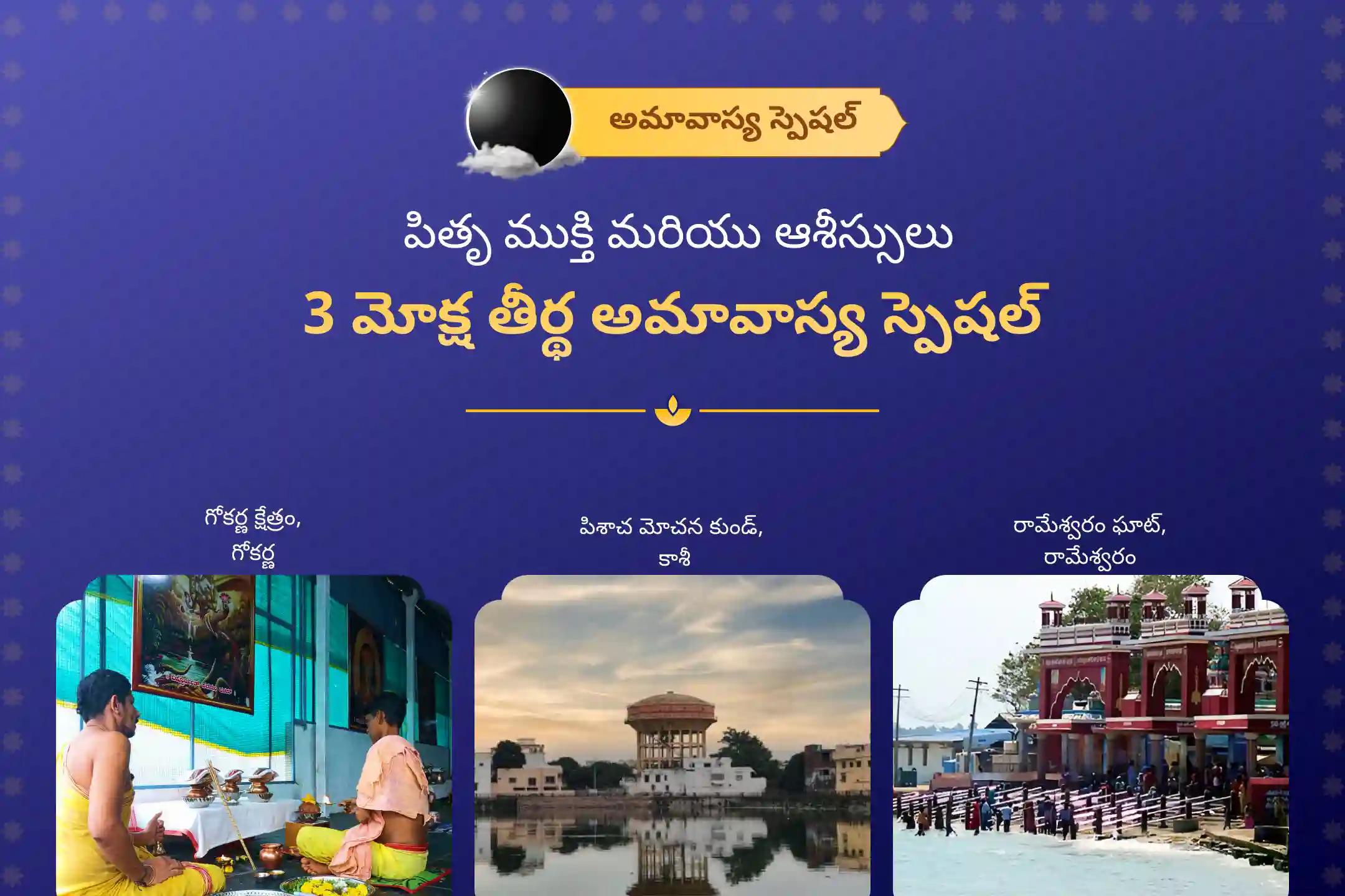 శ్రావణ అమావాస్య నాడు జరిగే 3 మోక్ష తీర్థలలో పితృ శాంతి ప్రత్యేక పూజ. గోకర్ణ - కాశీ - రామేశ్వరం ఘాట్ వద్ద అమావాస్య రోజున పితృ శాంతి పూజ మరియు హోమంలో పాల్గొని పితృ శాప విమోచనం పొందండి మరియు మరణించిన ఆత్మలకు శాంతి చేకూరేలా చేయండి.