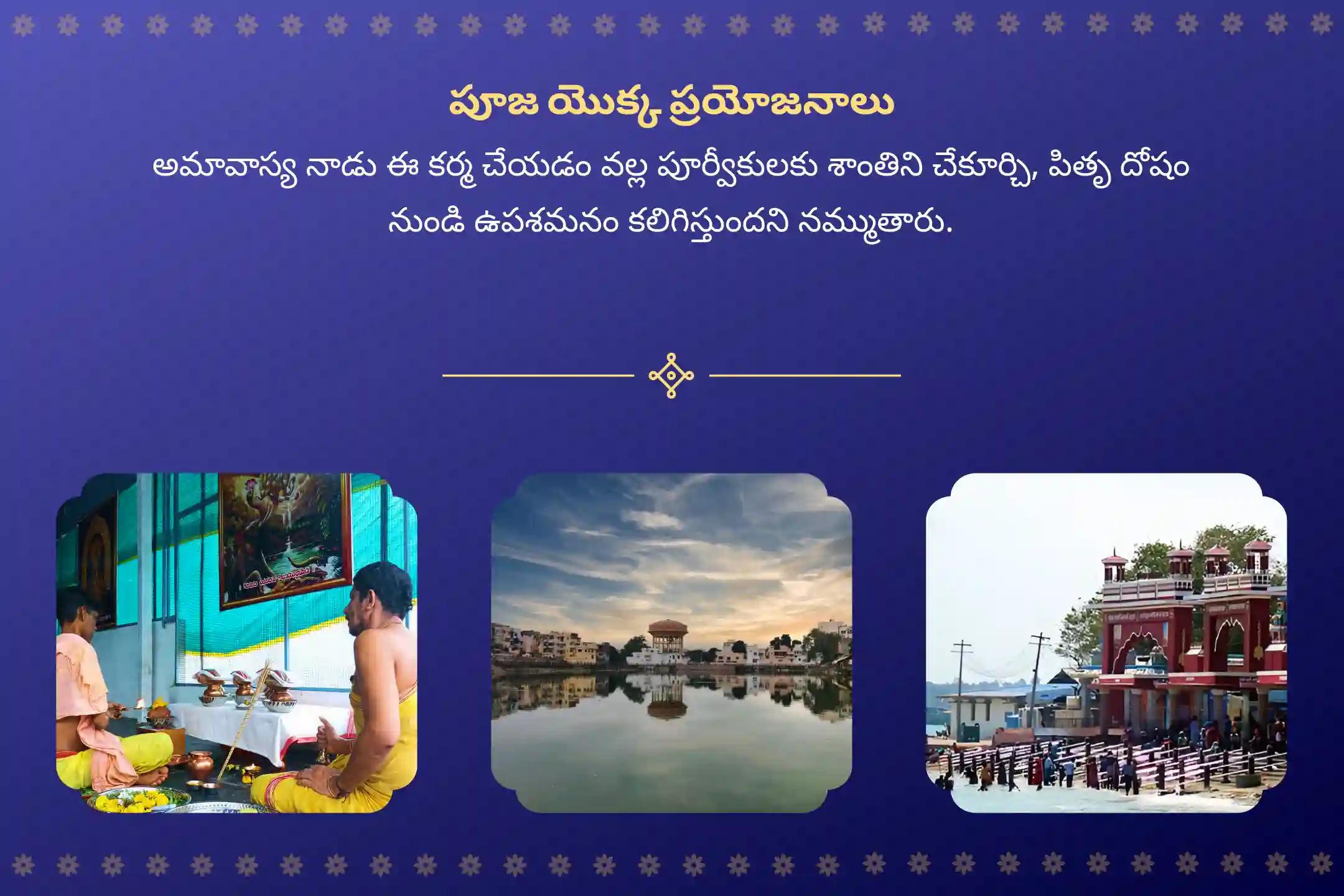 శ్రావణ అమావాస్య నాడు జరిగే 3 మోక్ష తీర్థలలో పితృ శాంతి ప్రత్యేక పూజ. గోకర్ణ - కాశీ - రామేశ్వరం ఘాట్ వద్ద అమావాస్య రోజున పితృ శాంతి పూజ మరియు హోమంలో పాల్గొని పితృ శాప విమోచనం పొందండి మరియు మరణించిన ఆత్మలకు శాంతి చేకూరేలా చేయండి.