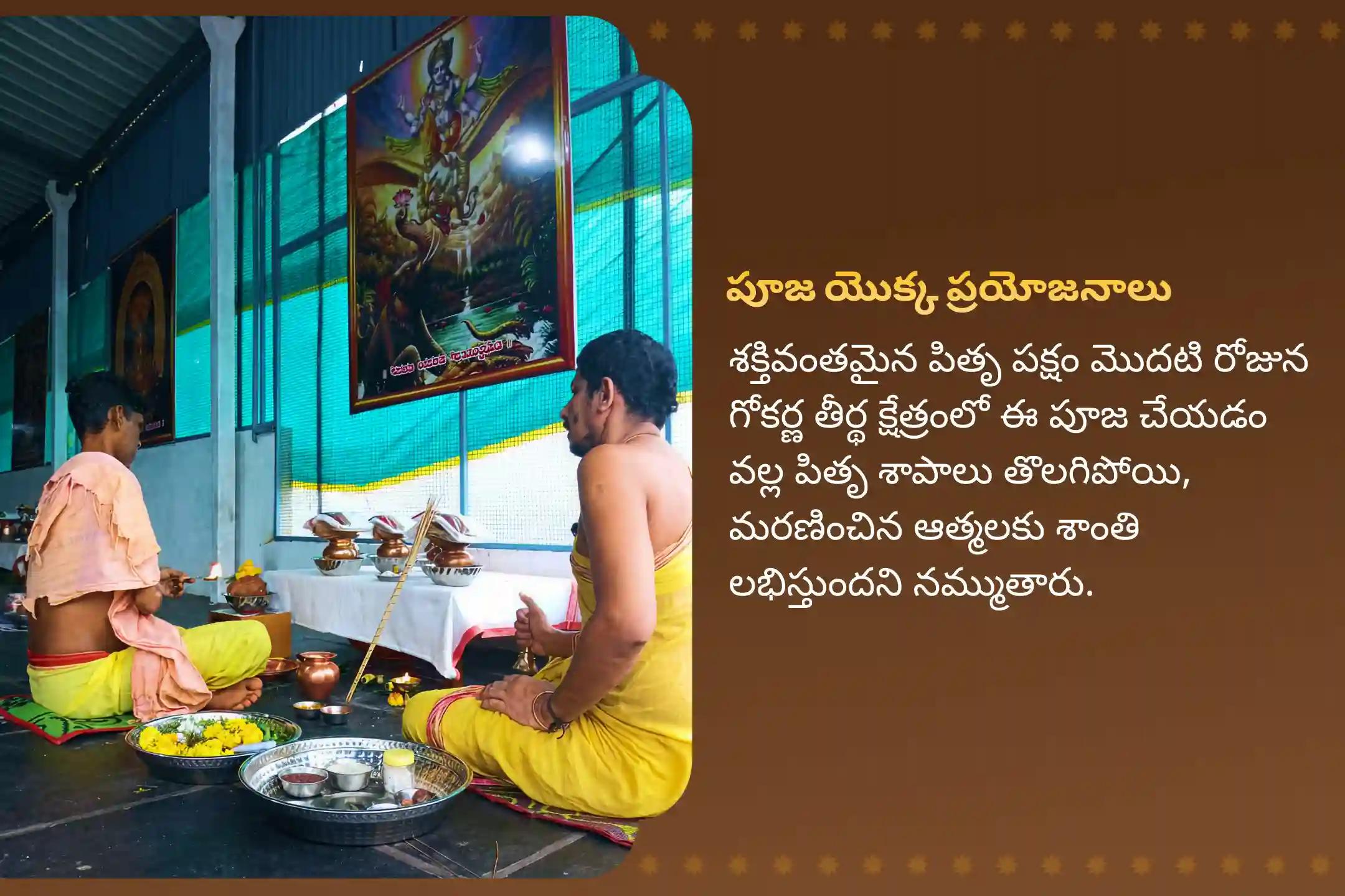 పితృల శాపాల నుండి విముక్తి, మరణించిన ఆత్మలకు శాంతి కోసం దక్షిణ కాశీ గోకర్ణ తీర్థ క్షేత్రం ప్రత్యేక నారాయణ బలి, త్రిపిండి శ్రాద్ధం మరియు తిల హోమాలలో పాల్గొనండి.