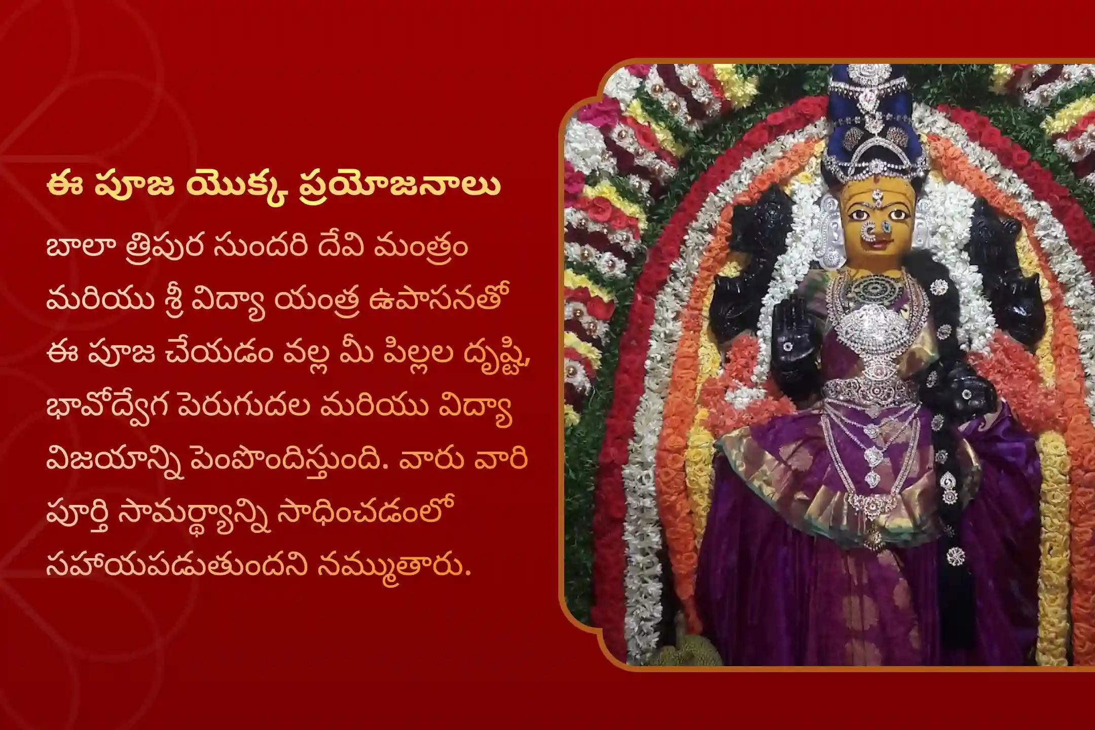 మీ పిల్లల ఏకాగ్రత, జ్ఞానం మరియు వృద్ధిని పెంపొందించడానికి. బాలా త్రిపుర సుందరి రోజు ప్రత్యేక బాలాా త్రిపుర సుందరి మంత్ర జపం మరియు శ్రీ విద్యా యంత్ర ఉపాసనలో పాల్గొనండి.