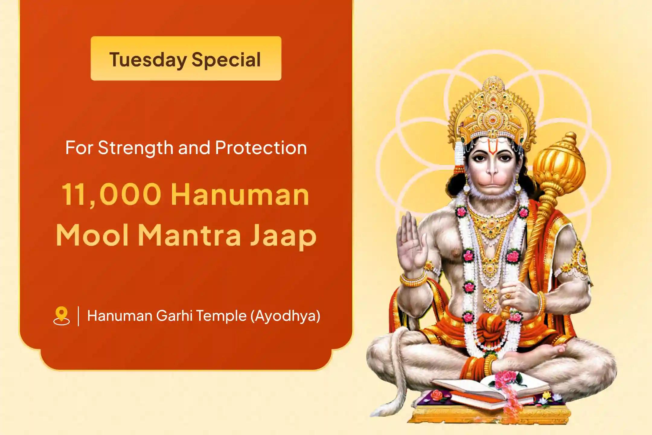 On the powerful union of Durga Ashtami and Tuesday, receive divine protection and unwavering strength through 11,000 Hanuman Mool Mantra Jaap, Sindoor Abhishek, and Sunderkand Path.
