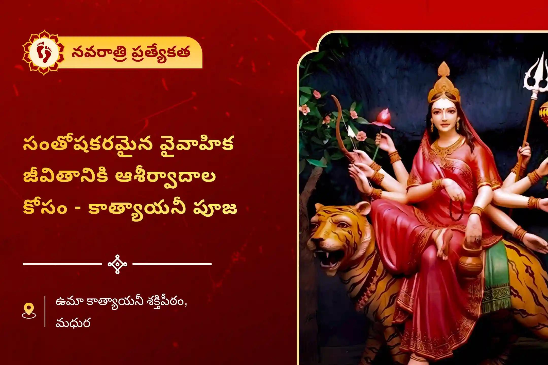 వివాహాలలో జాప్యాన్ని నివారించడానికి మరియు వైవాహిక జీవితంలో శాంతి మరియు ఆనందం కోసం కాత్యాయనీ అమ్మవారి శక్తిపీఠం ప్రత్యేక కాత్యాయనీ అమ్మవారి మహాత్మ్య పారాయణం మరియు తేనె, నిమ్మకాయ మరియు బెల్లంతో హోమంలో పాల్గొనండి.
