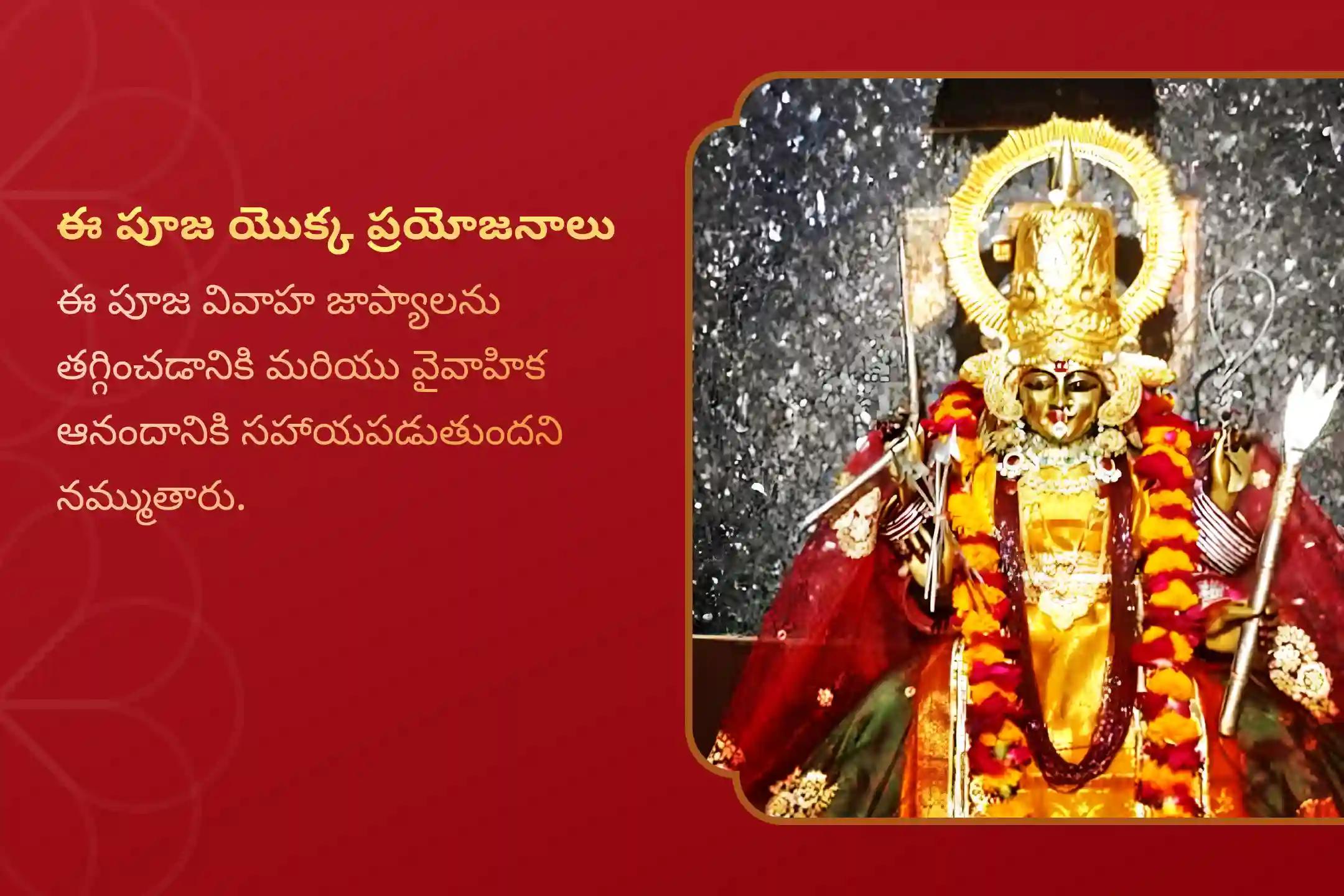వివాహాలలో జాప్యాన్ని నివారించడానికి మరియు వైవాహిక జీవితంలో శాంతి మరియు ఆనందం కోసం కాత్యాయనీ అమ్మవారి శక్తిపీఠం ప్రత్యేక కాత్యాయనీ అమ్మవారి మహాత్మ్య పారాయణం మరియు తేనె, నిమ్మకాయ మరియు బెల్లంతో హోమంలో పాల్గొనండి.