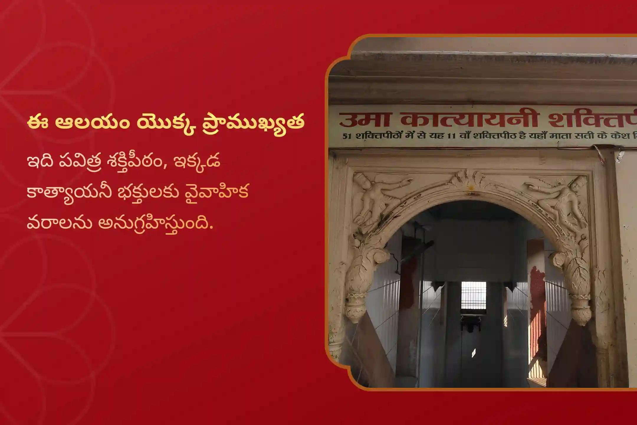 వివాహాలలో జాప్యాన్ని నివారించడానికి మరియు వైవాహిక జీవితంలో శాంతి మరియు ఆనందం కోసం కాత్యాయనీ అమ్మవారి శక్తిపీఠం ప్రత్యేక కాత్యాయనీ అమ్మవారి మహాత్మ్య పారాయణం మరియు తేనె, నిమ్మకాయ మరియు బెల్లంతో హోమంలో పాల్గొనండి.