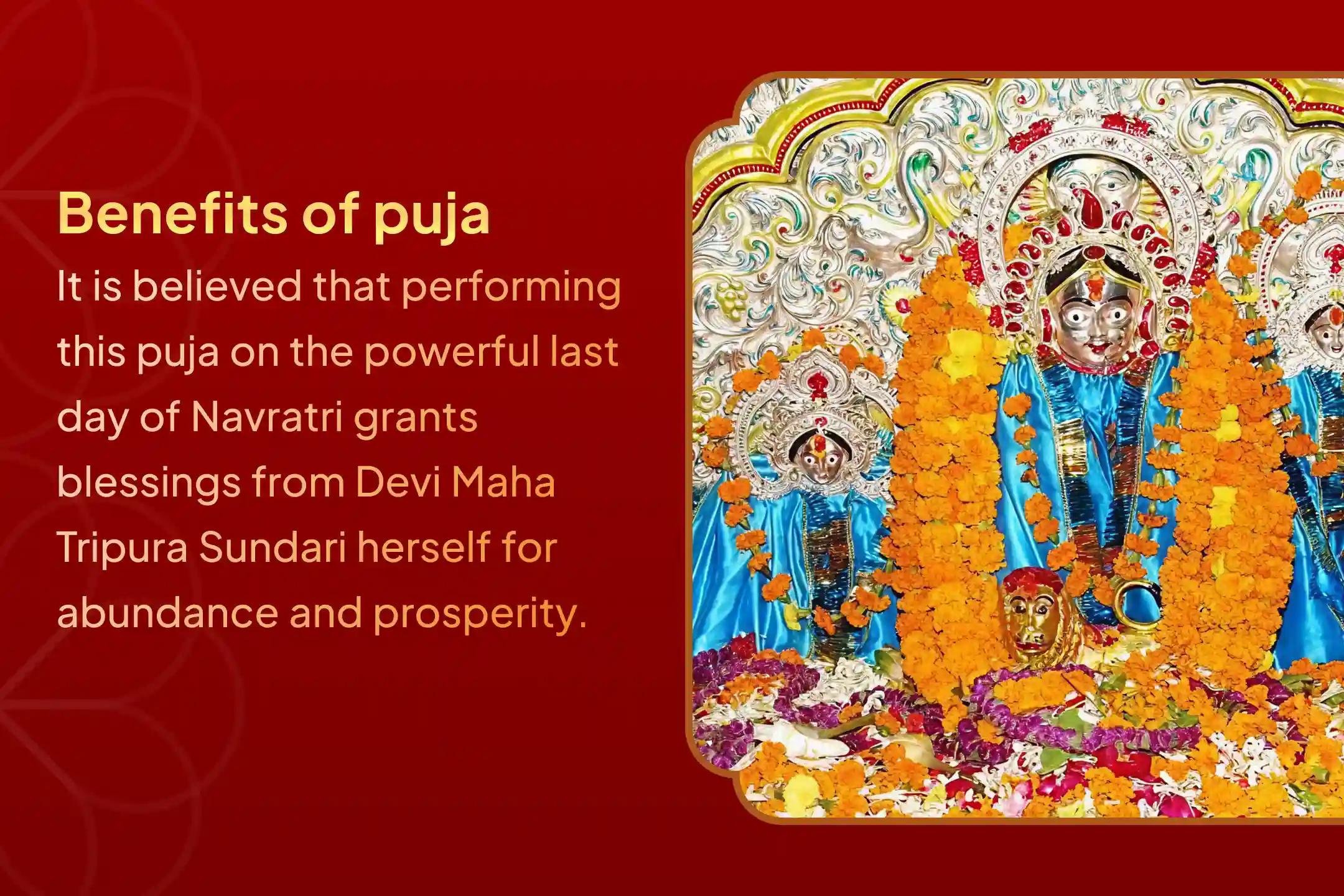 Participate in the Navratri Last Day Maa Lalita Shaktipeetha Special  Bala Tripura Sundari Mantra Japam, Lalita Sahasranaam Parayanam, and Sri Yantra Homam to attain the blessings of abundance, prosperity, and protection from negativity