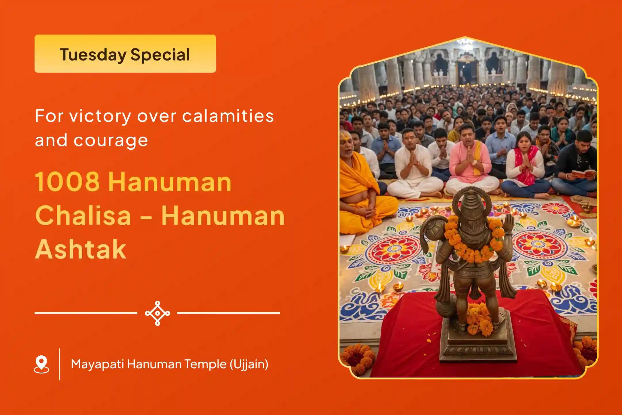 🚩 Experience the divine strength and courage with 1008 Hanuman Chalisa Path and Sankat Mochan Hanuman Ashtak Path on Tuesday 🚩