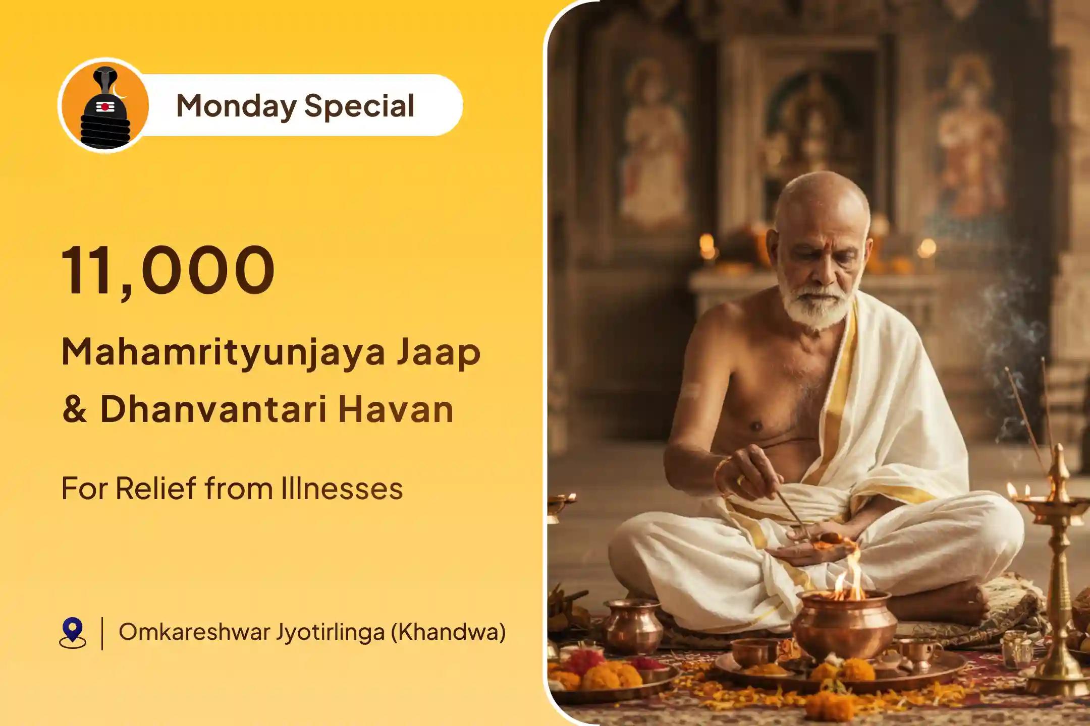 Participate in the Arogya Raksha Kavach: 11,000 Mahamrityunjay Mantra Jaap and Arogya Murti Dhanvantari Shakti Homa to receive divine blessings for healing, good health, and recovery from ailments.