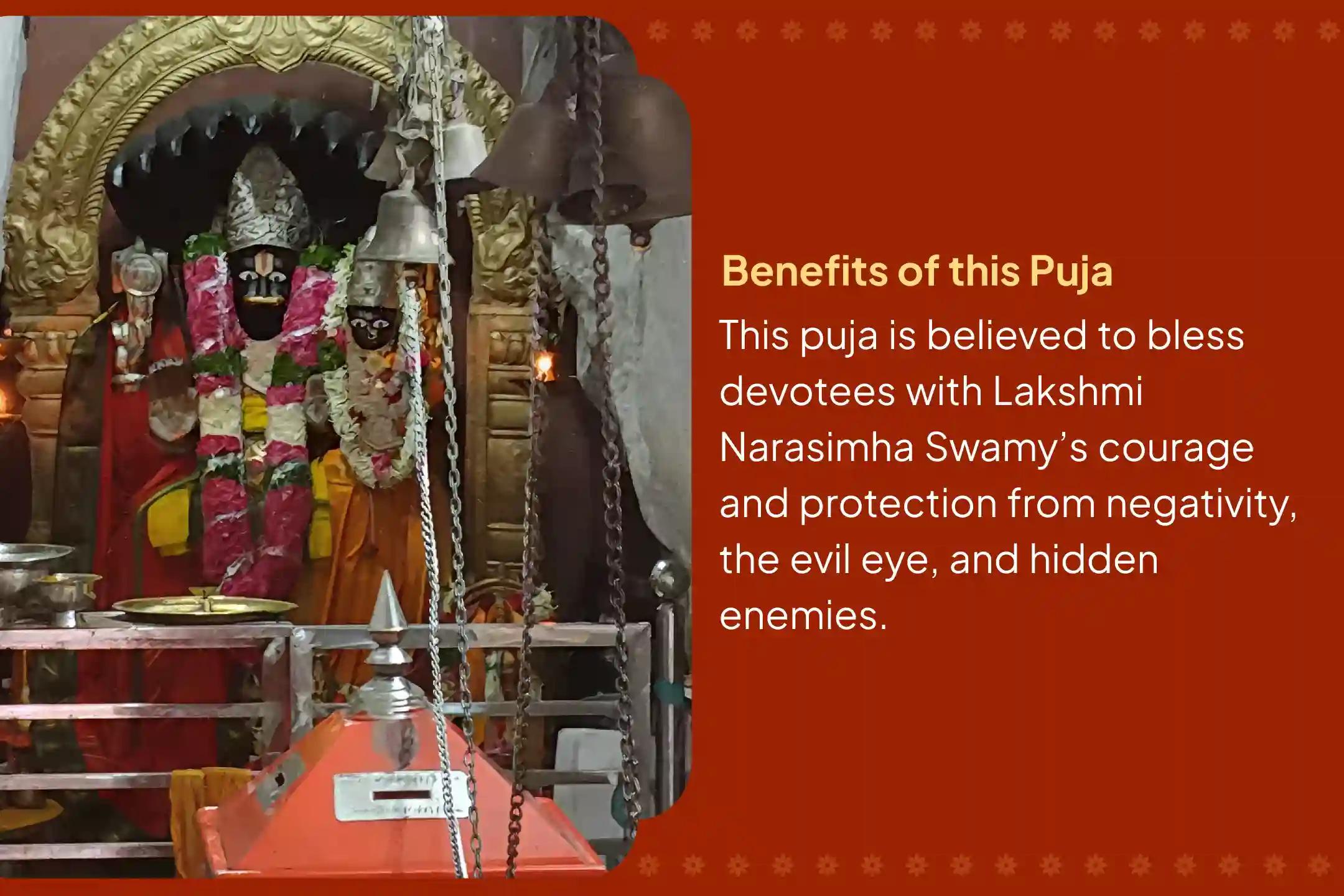 Participate in the Saturday Lakshmi Narasimha Special Narasimha Ashtottara Archana, Panchamrit Abhishekam, and Drishti Nivaran Homam for courage, protection from negativity, evil eye, and hidden enemies