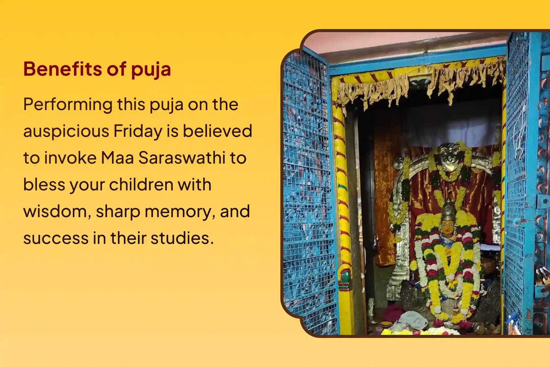 Participate in the Friday Maa Saraswathi Special Gnan Saraswati Pujan and Homam for the academic excellence of your children, and to gain wisdom