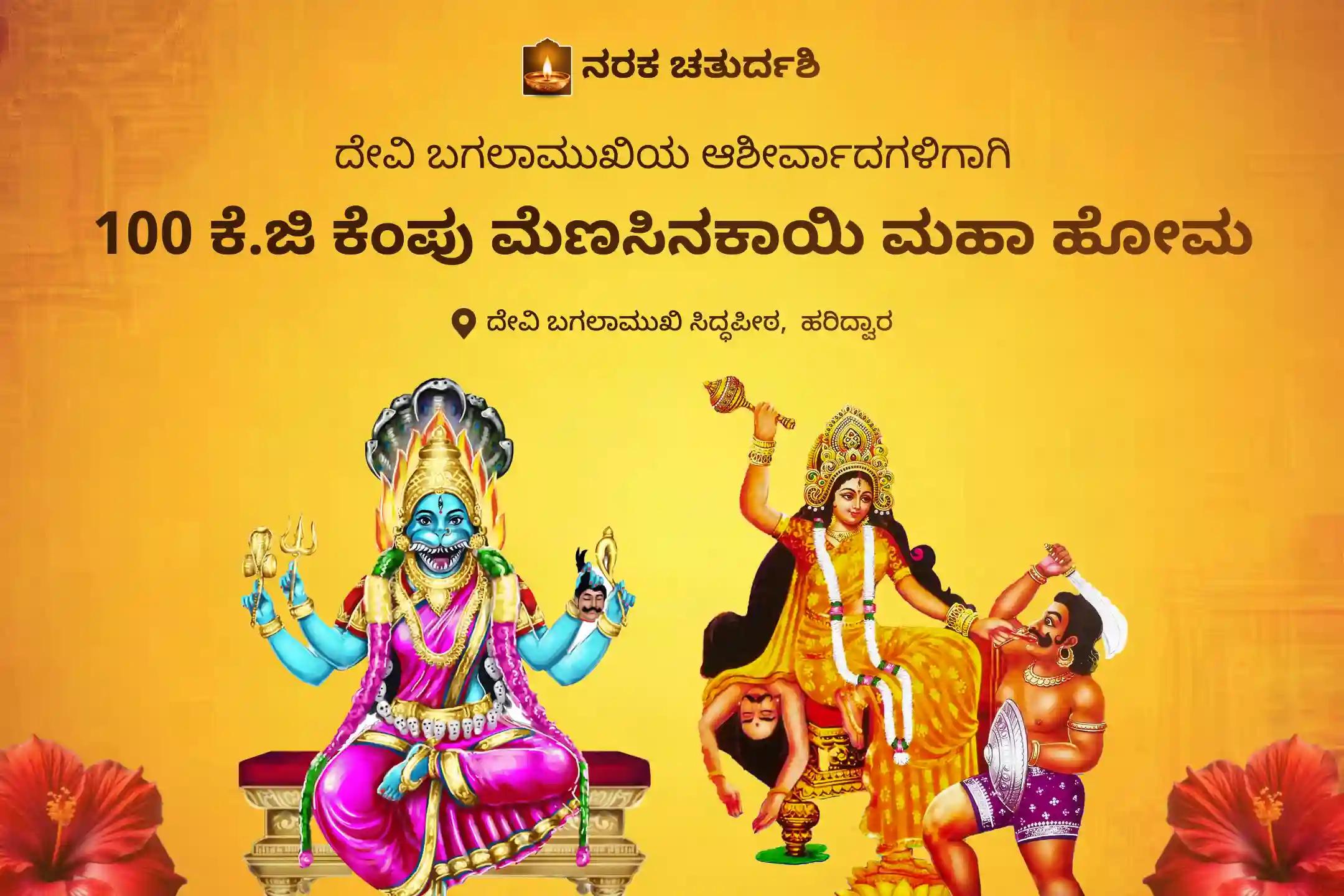 ಶತ್ರುಗಳ ಮೇಲೆ ವಿಜಯ ಮತ್ತು ಕಾನೂನು ಪ್ರಕರಣಗಳಲ್ಲಿ ಯಶಸ್ವಿ ಫಲಿತಾಂಶಗಳಿಗಾಗಿ ದೇವಿ ಬಗಲಾಮುಖಿಯ ಆಶೀರ್ವಾದಕ್ಕಾಗಿ ನರಕ ಚತುರ್ದಶಿ ವಿಶೇಷ 100 ಕೆ.ಜಿ ಕೆಂಪು ಮೆಣಸಿನಕಾಯಿ ಅಗ್ನಿ ಆಹುತಿ ಮಹಾ ಹೋಮದೊಂದಿಗೆ ಬಗಲಾಮುಖಿ-ಪ್ರತ್ಯಂಗಿರಾ ಪೂಜೆಯಲ್ಲಿ ಭಾಗವಹಿಸಿ