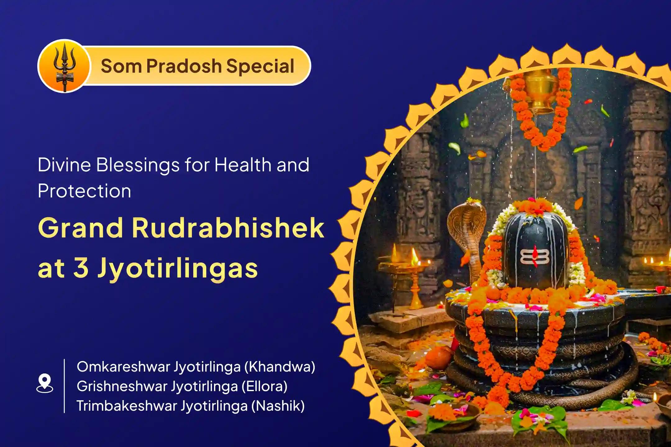 🔱 On Som Pradosh, experience Rudrabhishek at not just one, but three Jyotirlingas – a rare and powerful opportunity for Shiva worship 🔱