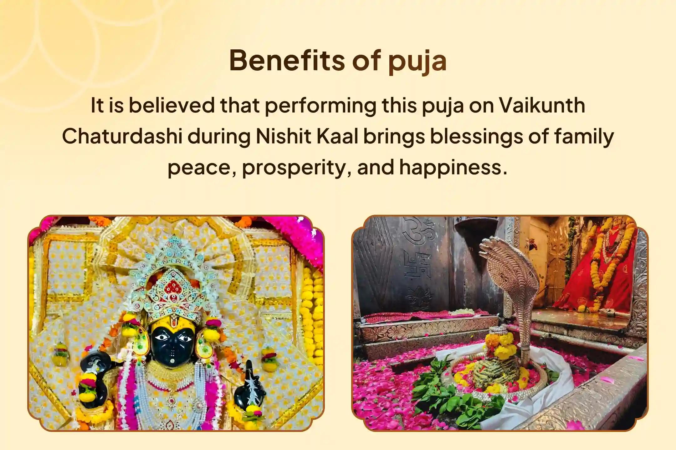 Join the Kashi Vaikunth Chaturdashi Nishith Kaal Special Puja, featuring 11,000 Shiv Panchakshari and Vishnu Dwadakshari Mantra Jaap along with Bilva and Tulsi Sahasra Archana, to invoke divine blessings of peace, prosperity, and family well-being.