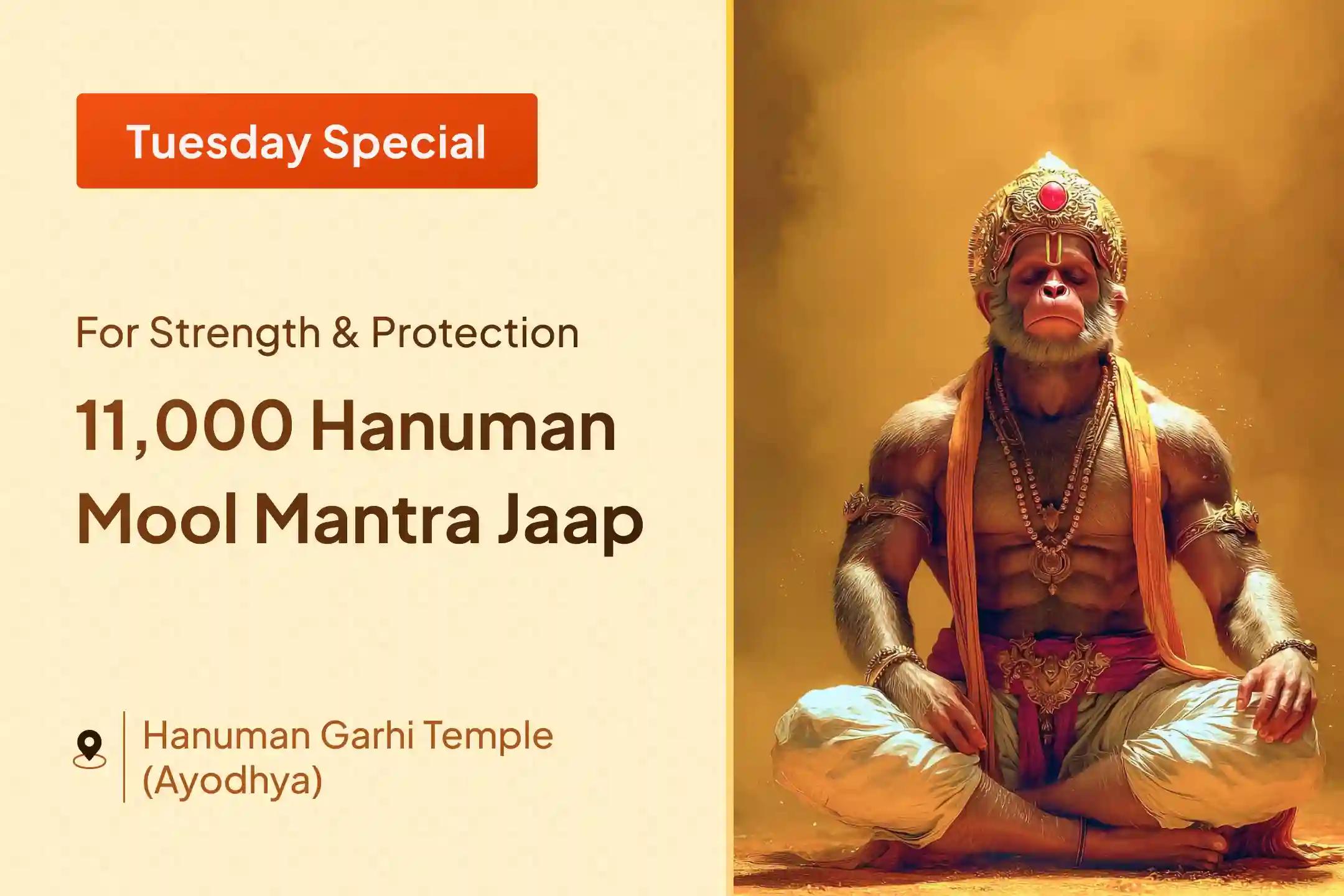 Receive divine protection and unshakable strength through 11,000 Hanuman Mool Mantra Jaap, Sindoor Abhishek, and Sunderkand Path on this powerful Tuesday.