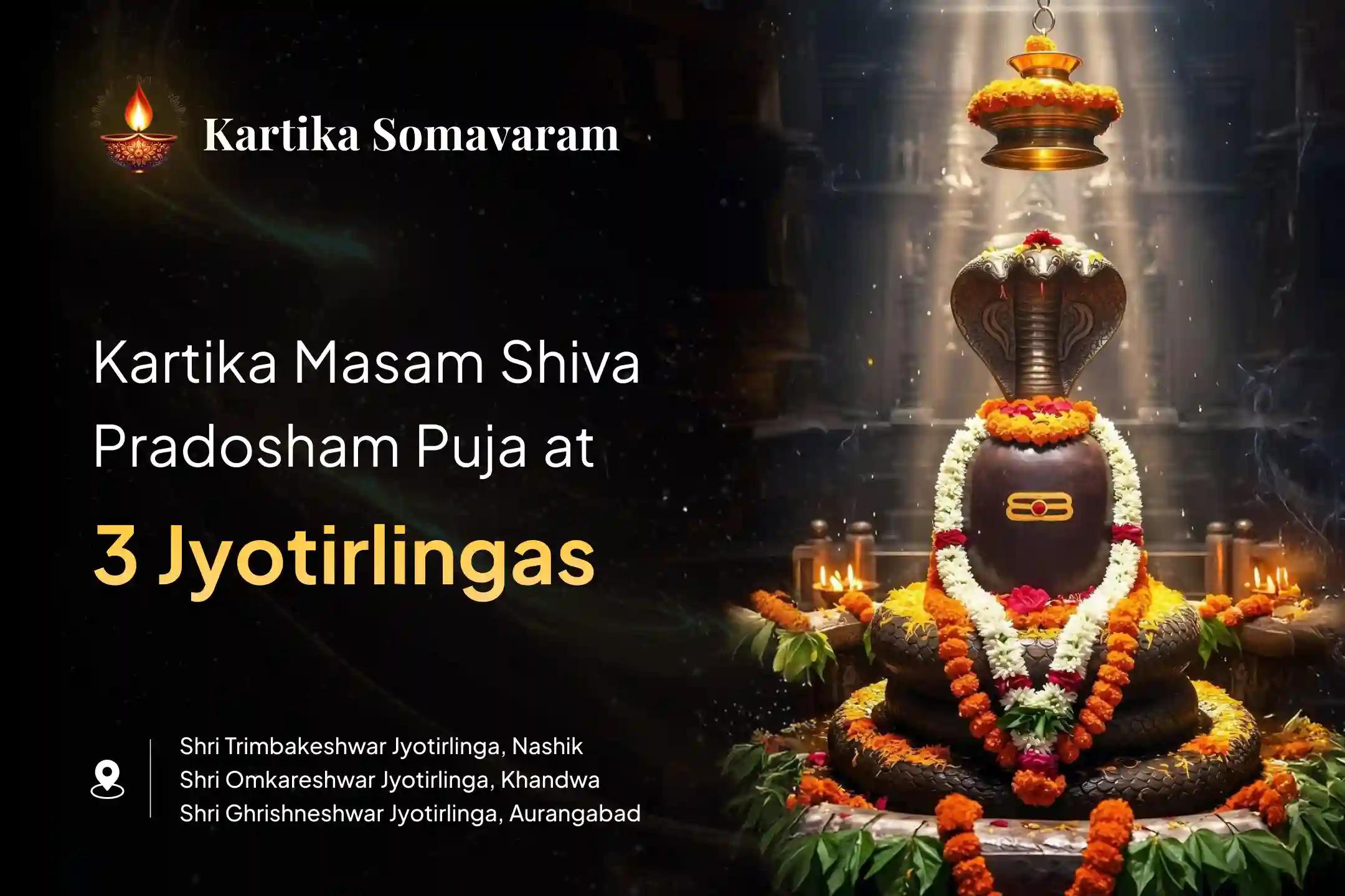 Participate in the Som Pradosham 3 Jyotirlinga Combo Special 3 - Jyotirlinga - Trimbakeshwar, Omkareshwar, and Ghrishneshwar Rudrabhishek and Rudra Homam for blessings of health, protection, and strength