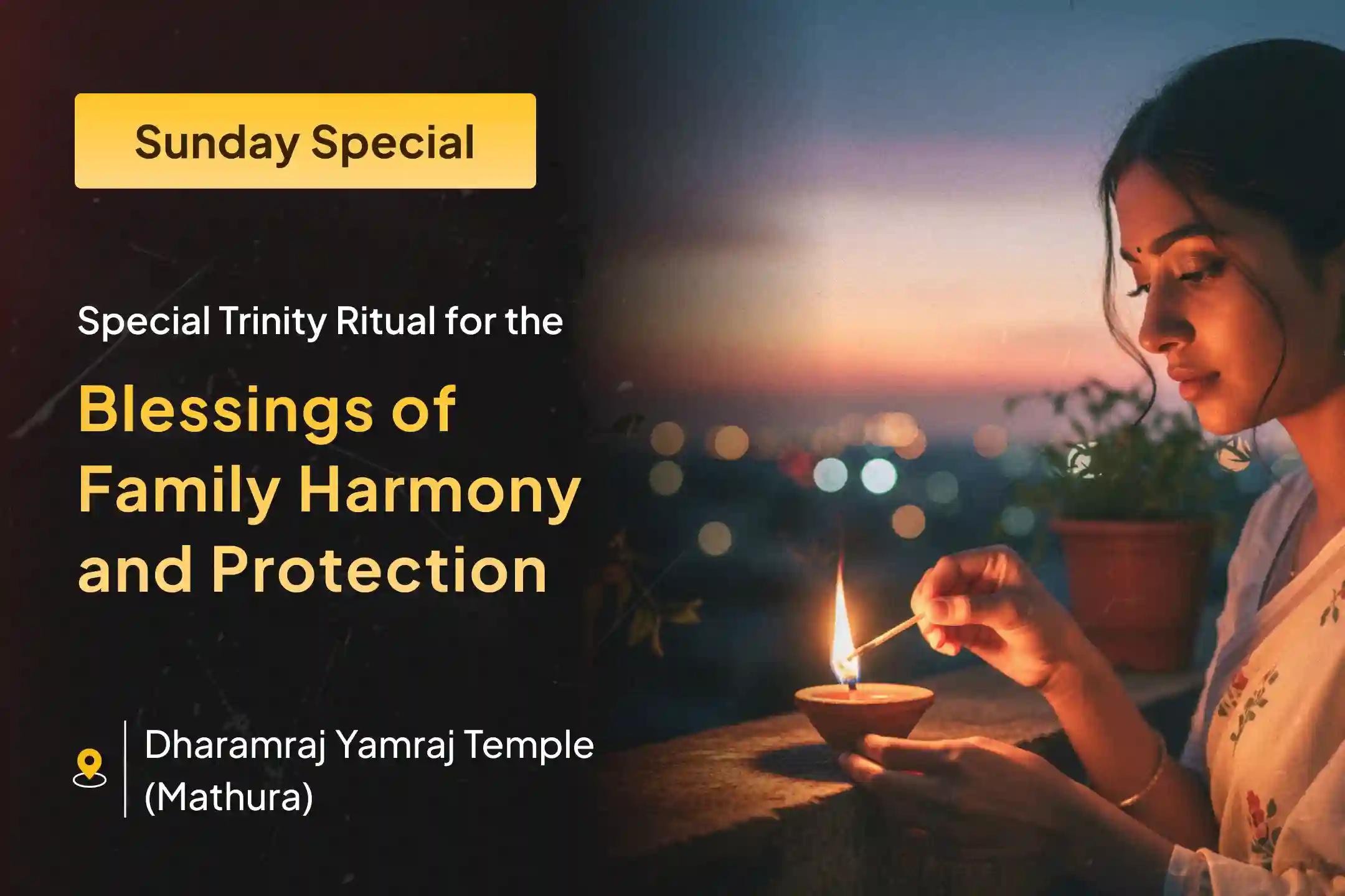 For divine support in legal matters ⚖️, justice 📜, and family harmony 👨‍👩‍👧‍👦, participate in the powerful Tridev Anushthan at the revered Dharmaraj Yamaraj Temple 🛕 in Mathura
