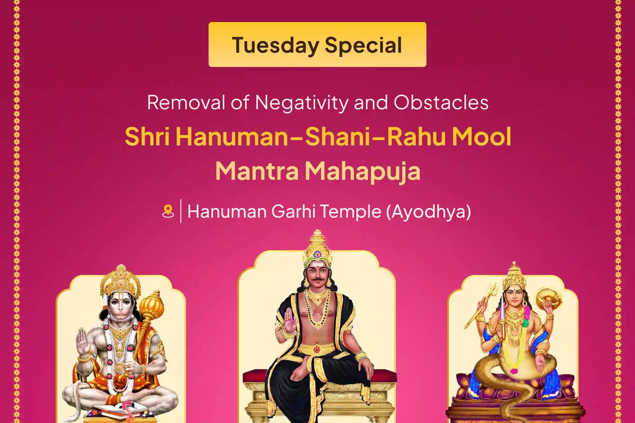 🪔 Experience the combined spiritual power of 21,000 Hanuman Gayatri Mantras, 23,000 Shani Mool Mantras, and 18,000 Rahu Mool Mantras chanted by 21 Brahmins on Tuesday. 🪔