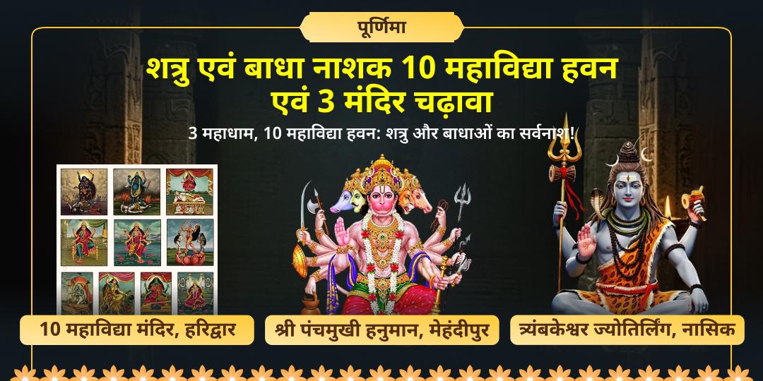 पूर्णिमा पुण्यतिथि पर मेहंदीपुर स्थित पंचमुखी हनुमान, 10 महाविद्या सिद्धपीठ एवं त्र्यंबकेश्वर ज्योतिर्लिंग में चढ़ावा एवं हवन करें - सर्वबाधा मुक्ति आशीर्वाद पाएं। 