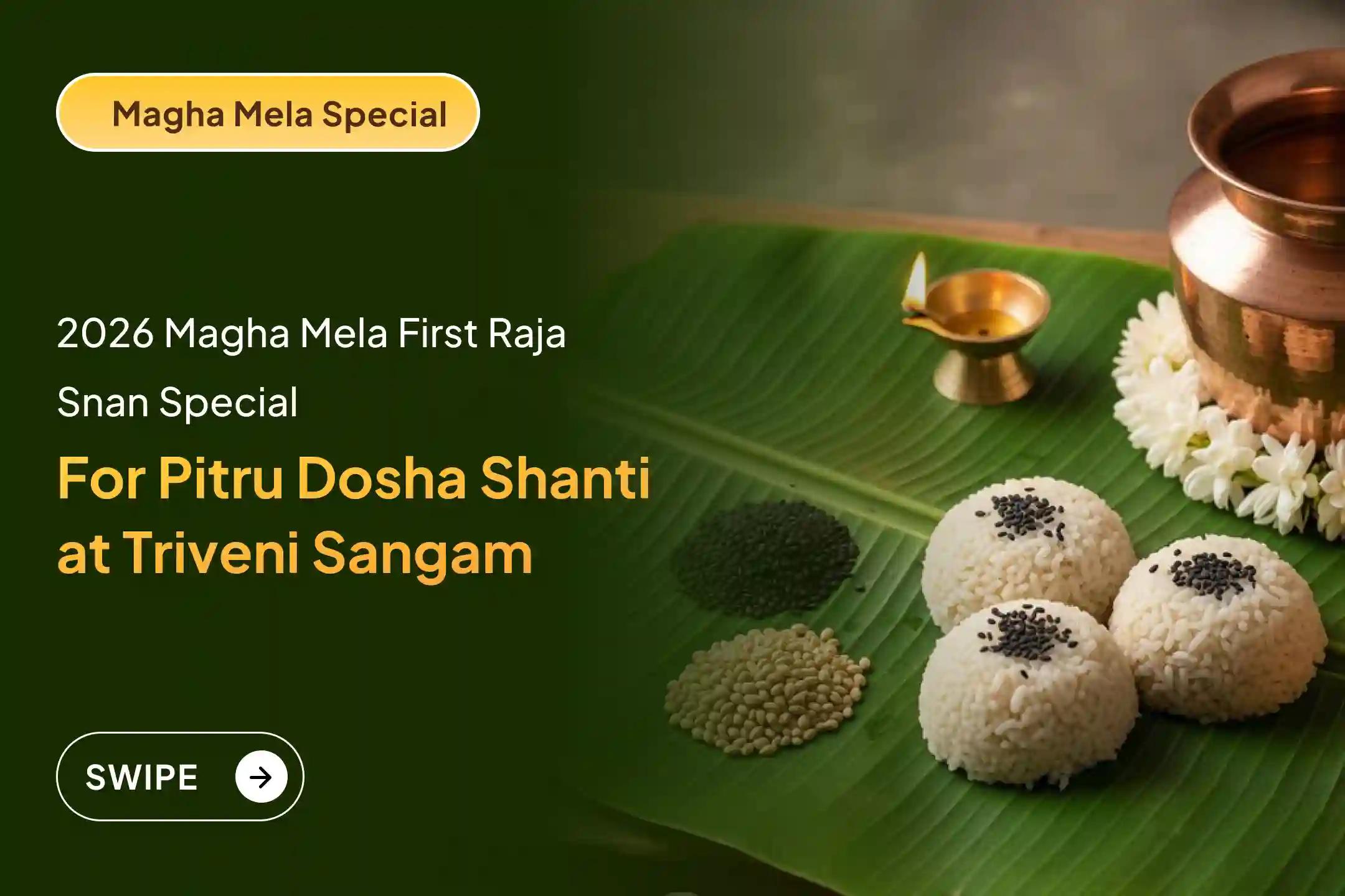 Participate in the First Raja Snan (Shahi Snan) Special Pitru Dosh Shanti Mahapuja and Triveni Sangam Aarti for the peace of ancestors' souls and resolving family disputes.