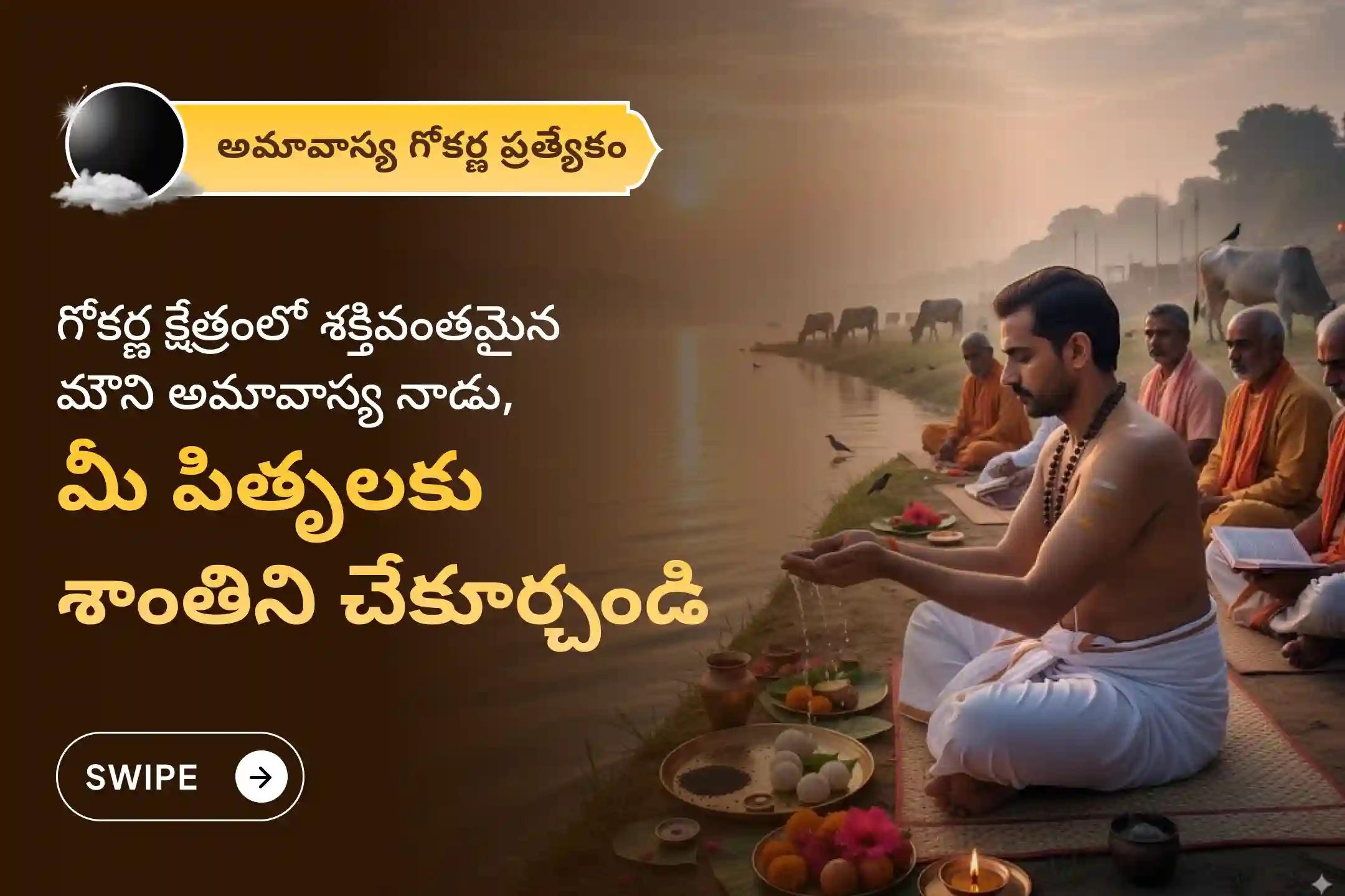 పితృల శాపాల నుండి విముక్తి అలాగే మరణించిన ఆత్మలకు శాంతి కోసం మౌని అమావాస్య దక్షిణ కాశీ గోకర్ణ ప్రత్యేక నారాయణ బలి పూజ, త్రిపిండి శ్రాద్ధం, పితృ దోష శాంతి పూజ మరియు తిల హోమంలో పాల్గొనండి.