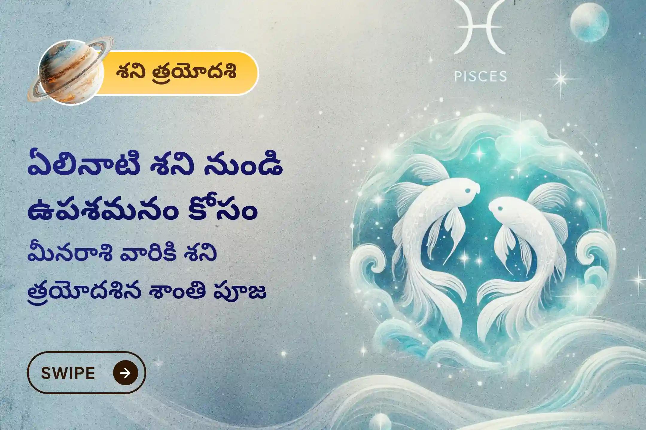 ఏలి నాటి శని కారణంగా ఏర్పడే ఆందోళన, ఆర్థిక సమస్యలు, కుటుంబ సమస్యల నుంచి ఉపశమనం పొందేందుకు శని త్రయోదశి శని శాంతి - మీనరాశి ప్రత్యేక శాంతి పూజలో పాల్గొనండి.