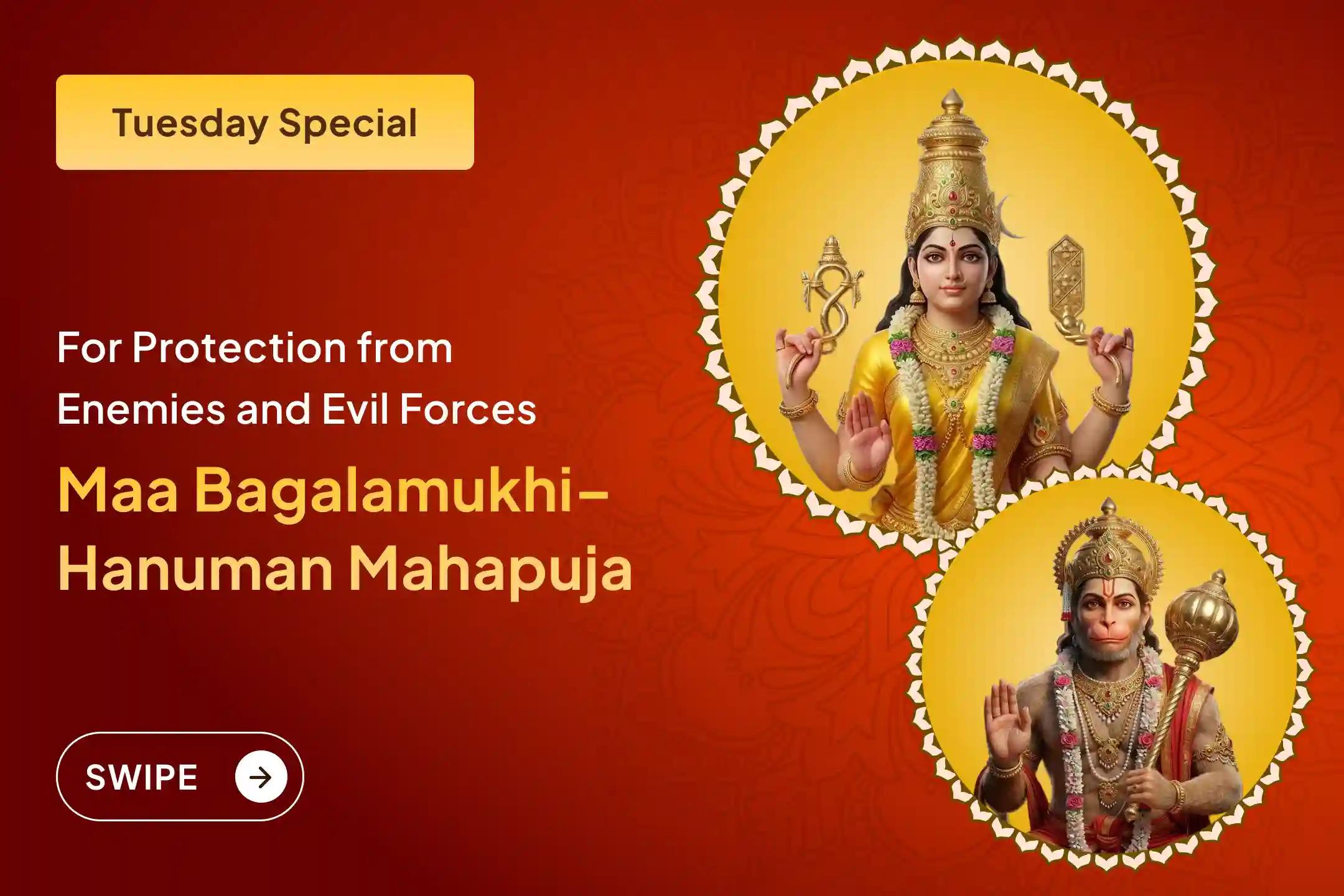 ✨To counter enemies’ conspiracies and gain relief from negativity in life, experience the combined power of Maa Bagalamukhi and Lord Hanuman