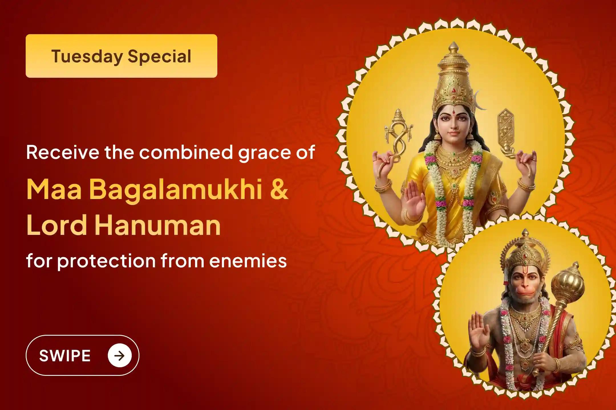 ✨ To safeguard yourself from rising negativity and the tactics of enemies, receive the combined grace of Maa Bagalamukhi and Lord Hanuman.