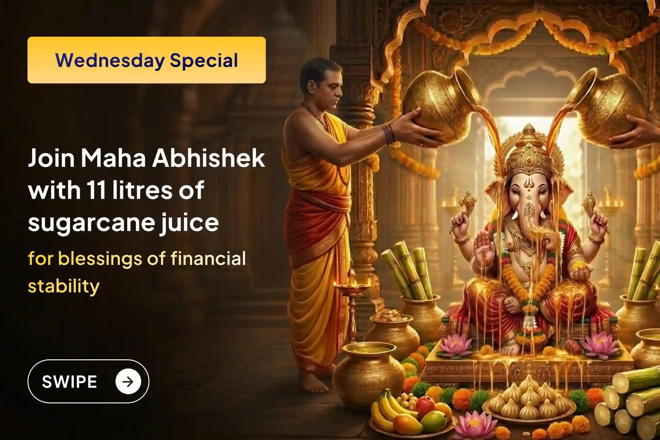 💰 The time to find relief from the burden of debt has now arrived. 🙏 Join the Maha Abhishek of Lord Shri Ganesha with 11 litres of sugarcane juice for divine blessings and mental peace. 🌿✨