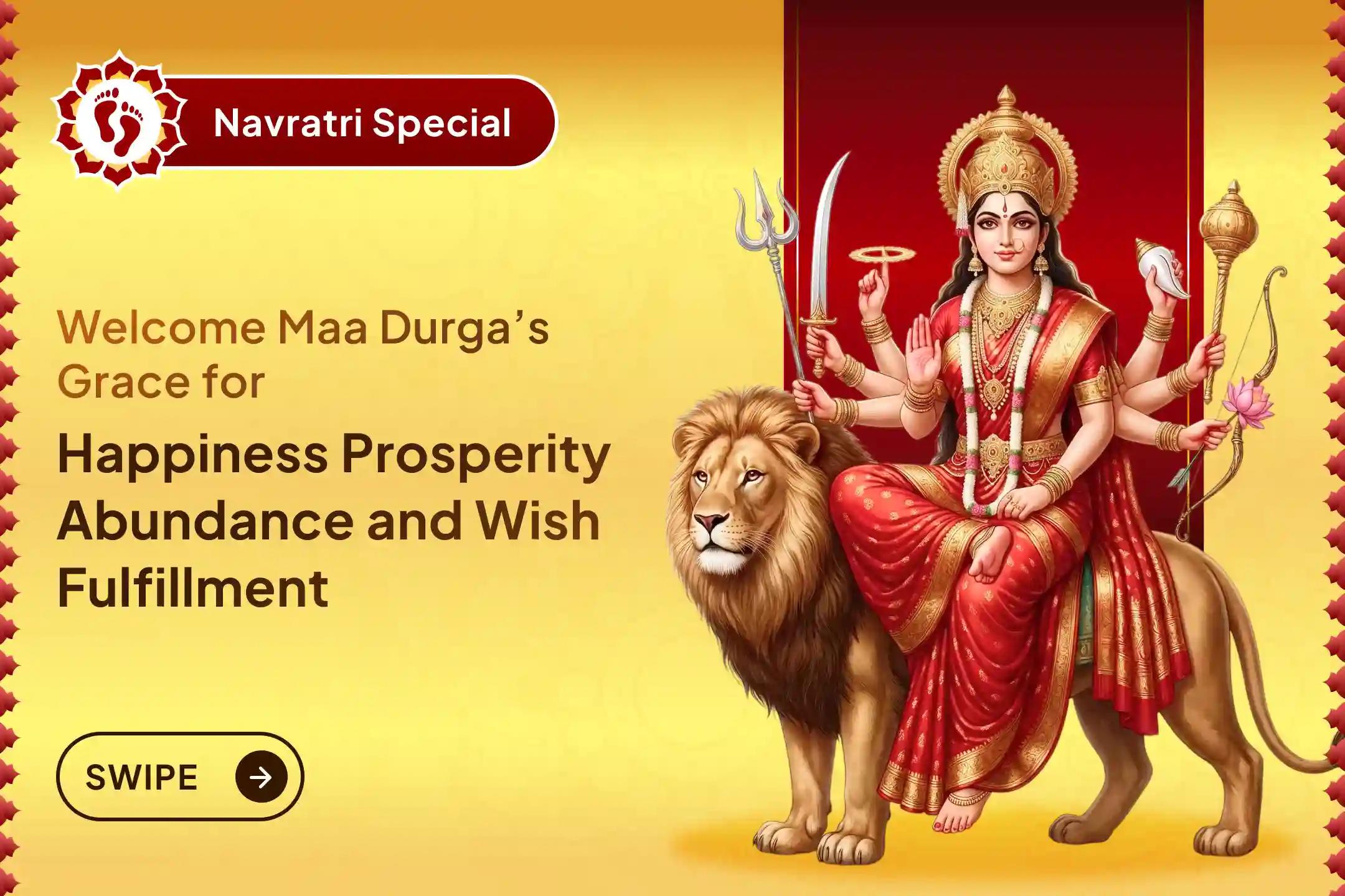 Celebrate Navratri with Nav Durga Path, daily 9 Kanya Puja, Bhojan, and Yagya, seeking happiness, prosperity, family blessings, abundance, and fulfillment of heartfelt wishes. ✨🙏🌺
