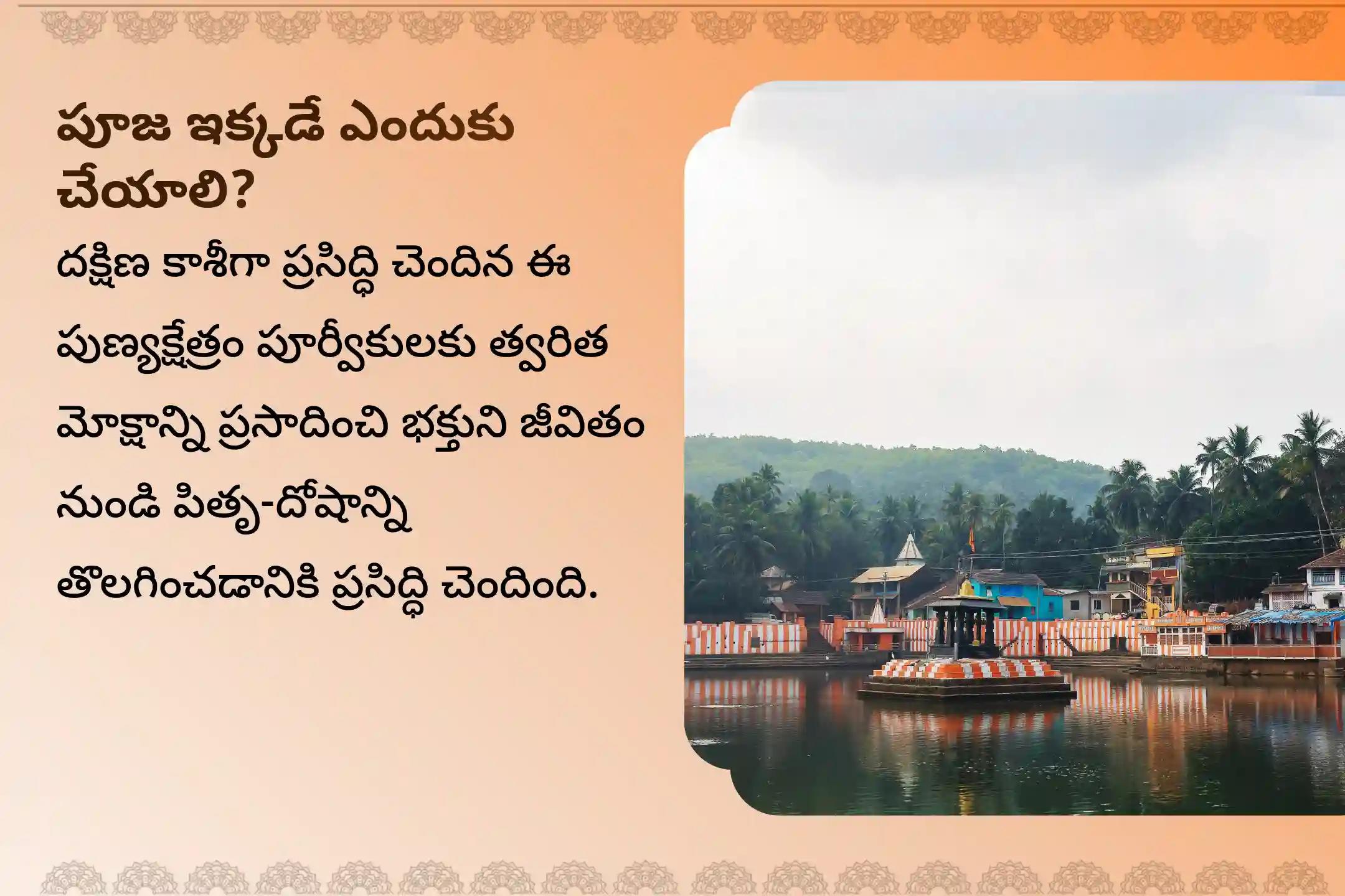 పితృ దోష నివారణ కోసం మరియు పితృలకు శాంతిని అందించడానికి ఏకాదశి దక్షిణ కాశీ గోకర్ణ తీర్థ క్షేత్ర ప్రత్యేక నారాయణ బలి పూజ, త్రిపిండి శ్రాద్ధ పూజ మరియు తిల హోమంలో పాల్గొనండి