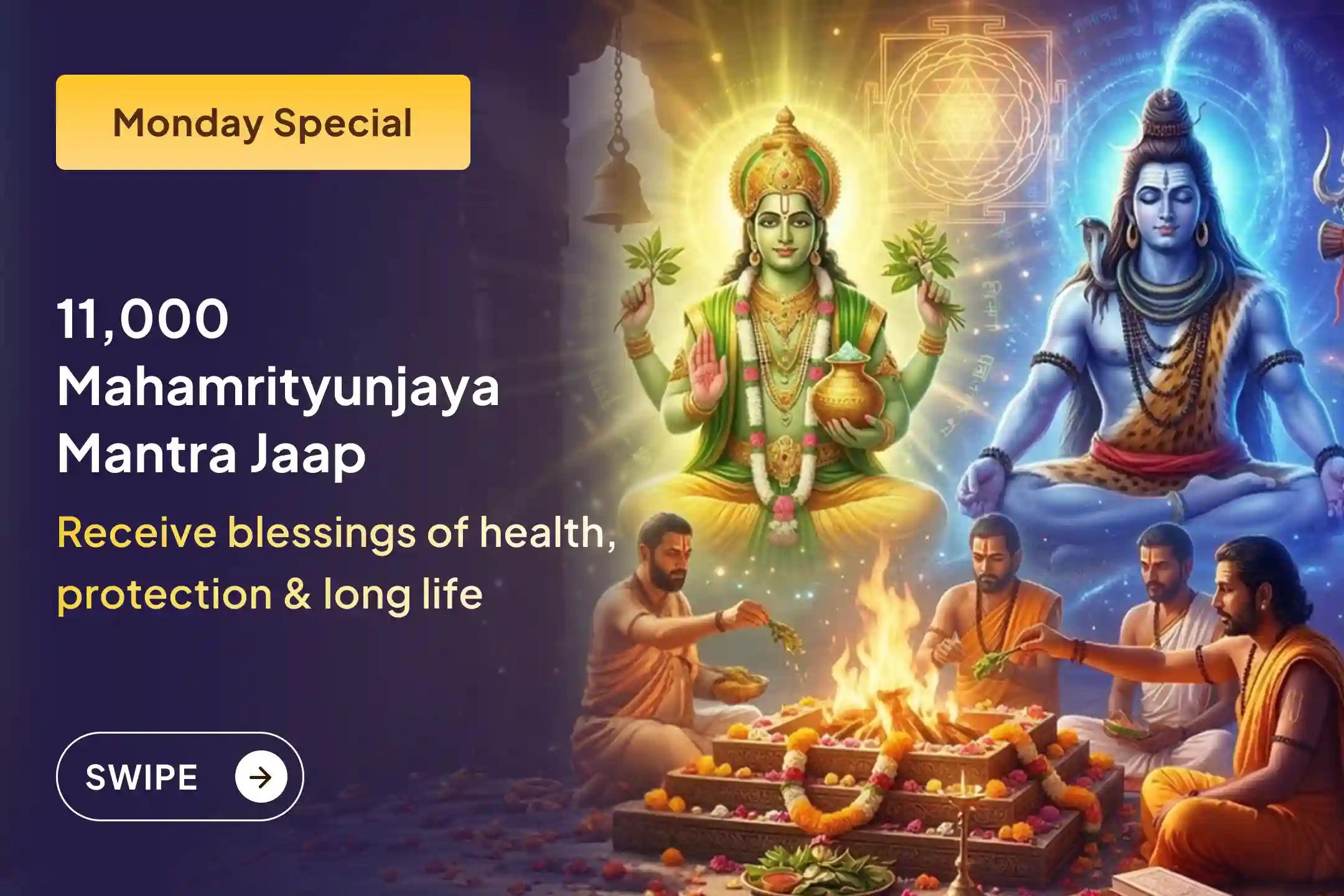 🕉️ This Monday, receive good health, protection in life, and relief from sudden troubles through 11,000 Mahamrityunjaya Mantra Jaap and Arogya Murti Dhanvantari Shakti Havan. 🕉️